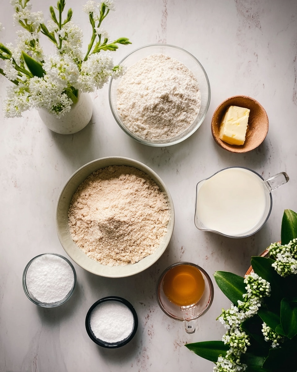 The image shows six bowls with different baking ingredients arranged on a white marbled surface. In the center is a large bowl filled with light brown flour, next to it on the right are two measuring cups containing white milk and a small amount of melted yellow butter, respectively. Above the flour is a medium bowl filled with white powdered sugar. Below the flour are three small clear bowls holding white baking soda, salt, and baking powder. The left side of the image has a vase with white flowers and green leaves, and the bottom right has a pot of green plants with small white blooms. Photo taken with an iphone --ar 4:5 --v 7
