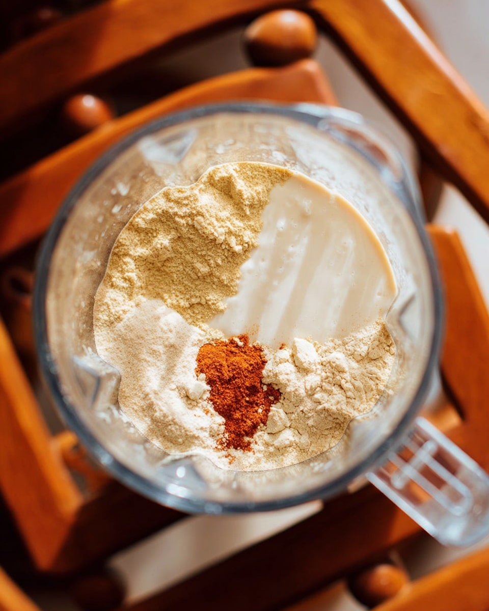 The image shows a clear blender cup from above, filled with three distinct layers of ingredients. The bottom layer is a light beige powder that takes up most of the space, the middle layer is a creamy white liquid that is pouring over parts of the powder, and on the left edge, there is a small pile of reddish-brown spice powder. The blender cup handle is visible on the upper right side, and the background has a wooden chair with rounded details under the blender. The photo taken with an iphone --ar 4:5 --v 7