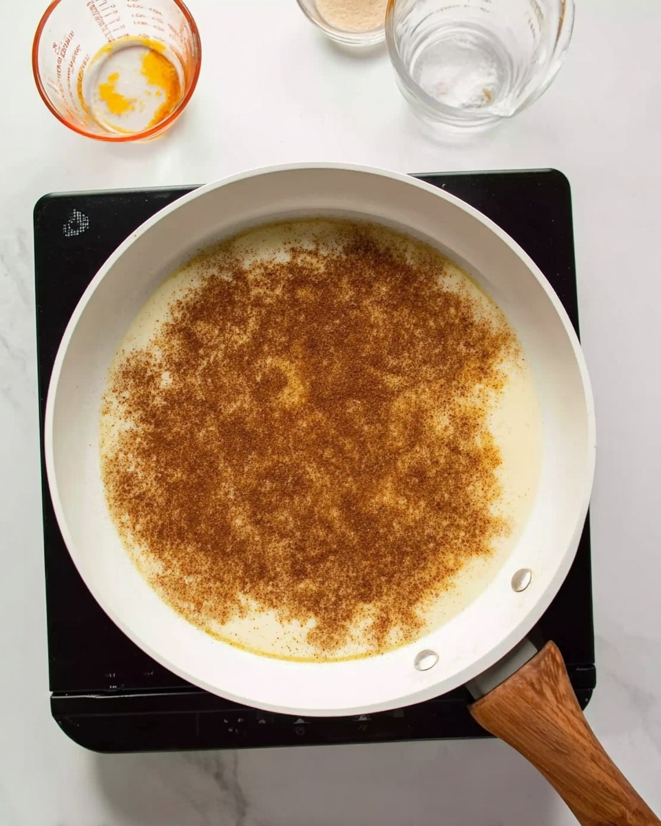The image shows a white frying pan with a wooden handle placed on a black electric stove. Inside the pan, there is a thin layer of brown seasoning spread evenly over a creamy white base, likely melted butter or oil. The pan sits on a white marbled surface, and in the background, two clear measuring cups are visible, one with traces of orange residue and the other with a small amount of white powder or liquid. photo taken with an iphone --ar 4:5 --v 7