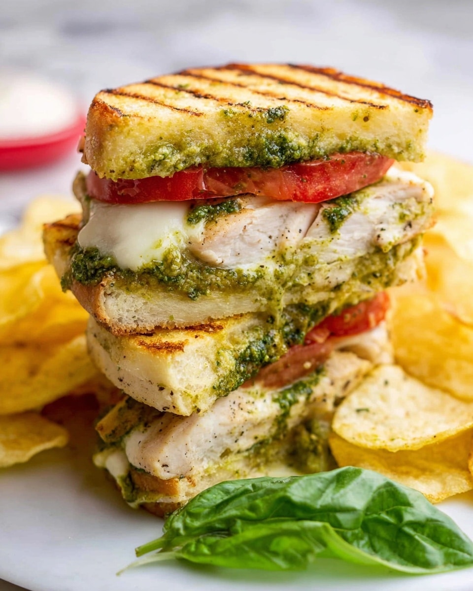 The image shows a tall sandwich made with two pieces of toasted round bread that have a light brown crust and grill marks. Inside the sandwich, there are two thick layers of cooked light brown chicken separated by creamy white melted cheese, bright green pesto sauce spread generously on the chicken and bread, and slices of fresh red tomato. The sandwich sits on a white plate with some golden-yellow potato chips on the side and a fresh green basil leaf garnish. The background is a white marbled surface, and the photo is taken close up with soft lighting. photo taken with an iphone --ar 4:5 --v 7