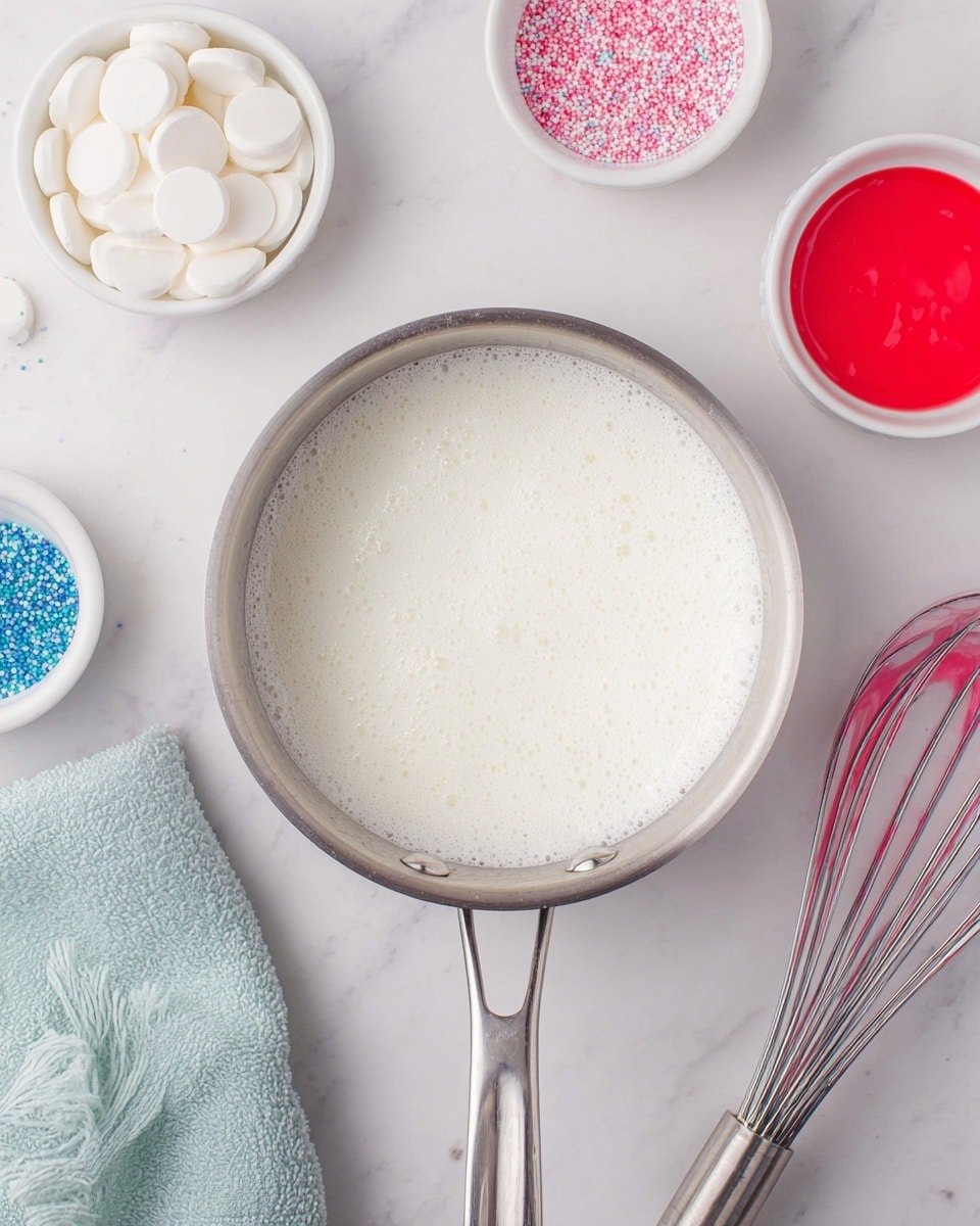 A metal pan filled with a foamy white liquid sits at the center on a white marbled surface. Surrounding the pan are small white bowls, one holding flat white disks, another filled with bright red paint, and two others containing pink and blue sugar sprinkles. To the right, there is a metal whisk coated in a light pink substance, and to the left, a light blue cloth is partially visible. The overall setup looks clean and minimal. photo taken with an iphone --ar 4:5 --v 7