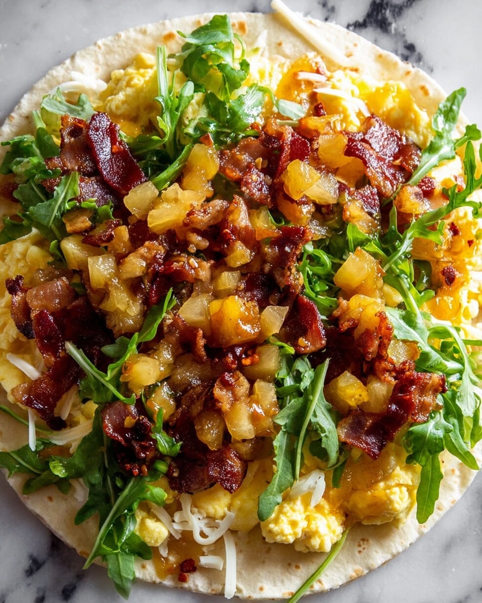 A white tortilla base holds a first layer of light yellow scrambled eggs with a soft, slightly fluffy texture, scattered unevenly. On top, there are small piles of shredded pale white cheese partly melted within the eggs. Next, deep brown crispy bacon pieces with curly edges are spread across, adding contrast. Fresh green arugula leaves with a thin, jagged shape cover the bacon, giving a pop of bright color. Finally, a topping of chopped golden-yellow pineapple mixed with reddish-brown bits creates a glossy, chunky drizzle over the whole dish. The dish is placed on a white marbled surface. photo taken with an iphone --ar 4:5 --v 7