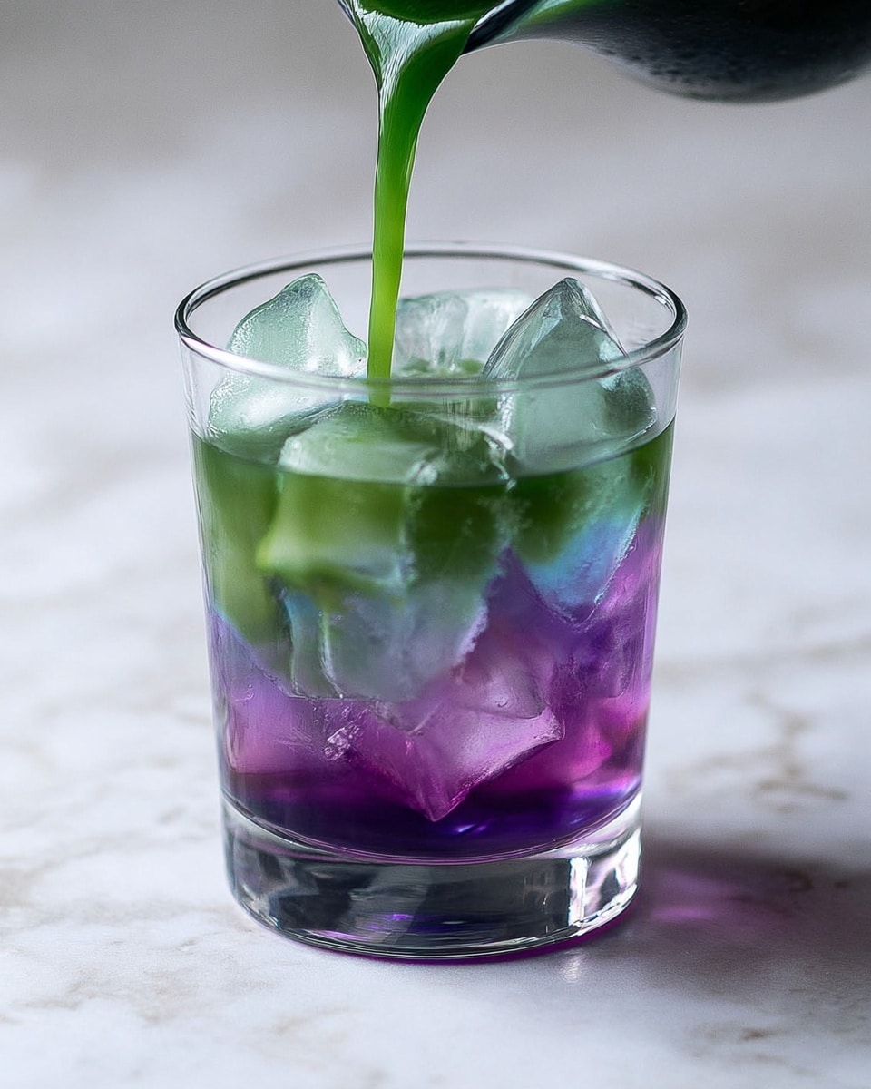 A clear glass filled with large clear ice cubes shows two colorful layers of drink: a bottom layer of light purple liquid and a top layer of green liquid being poured from a dark container above. The green liquid flows smoothly over the ice, creating a fresh mix of colors. The glass is placed on a white marbled surface, and the image captures the moment the green liquid meets the purple layer with the ice cubes in between. photo taken with an iphone --ar 4:5 --v 7