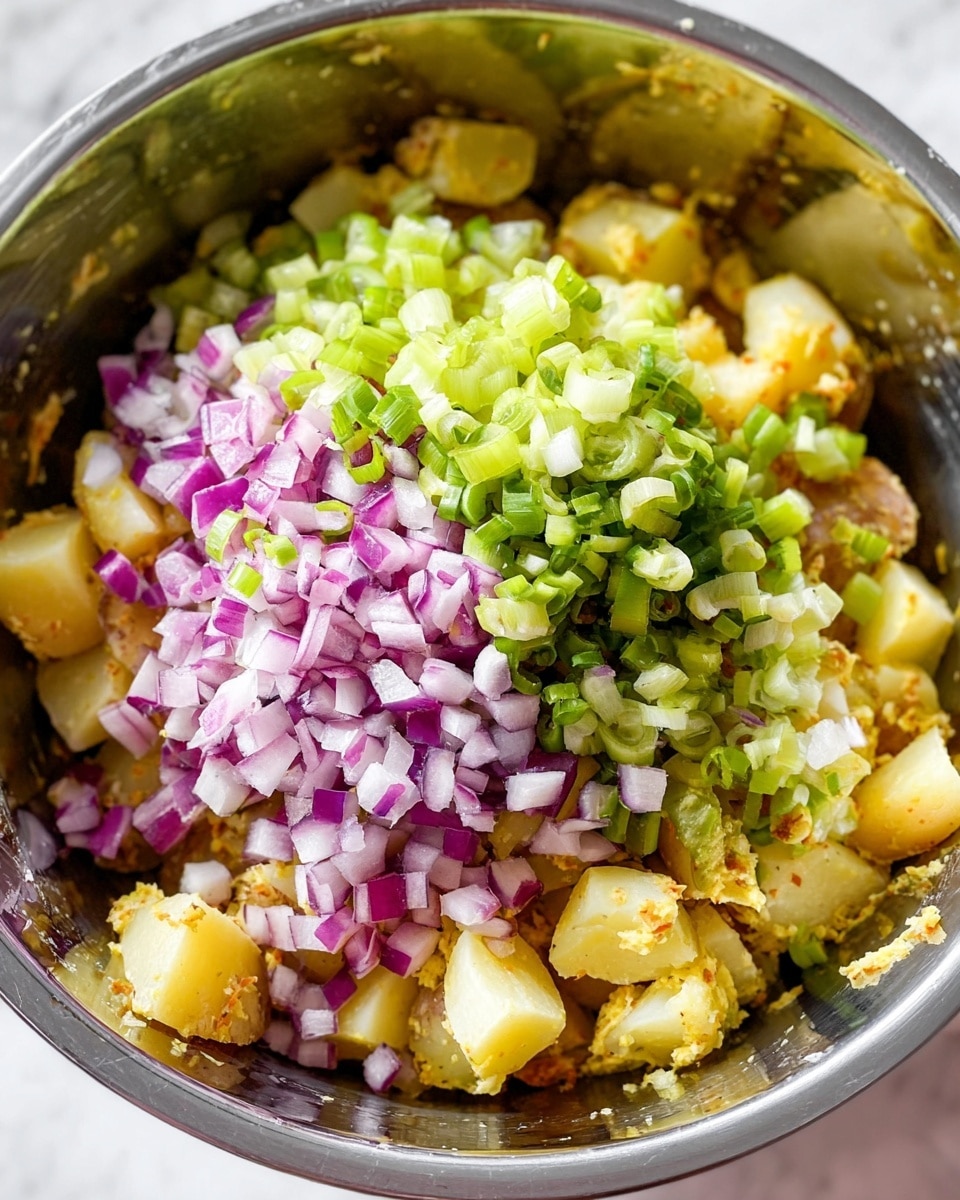 A close-up view of a large metal bowl filled with a potato salad in layers: the bottom layer shows chopped yellow potatoes mixed with visible grainy mustard dressing, the middle layer is topped with finely diced light purple onions, while the top layers feature fresh diced pickles and bright green chopped scallions all sitting on a white marbled surface photo taken with an iphone --ar 4:5 --v 7