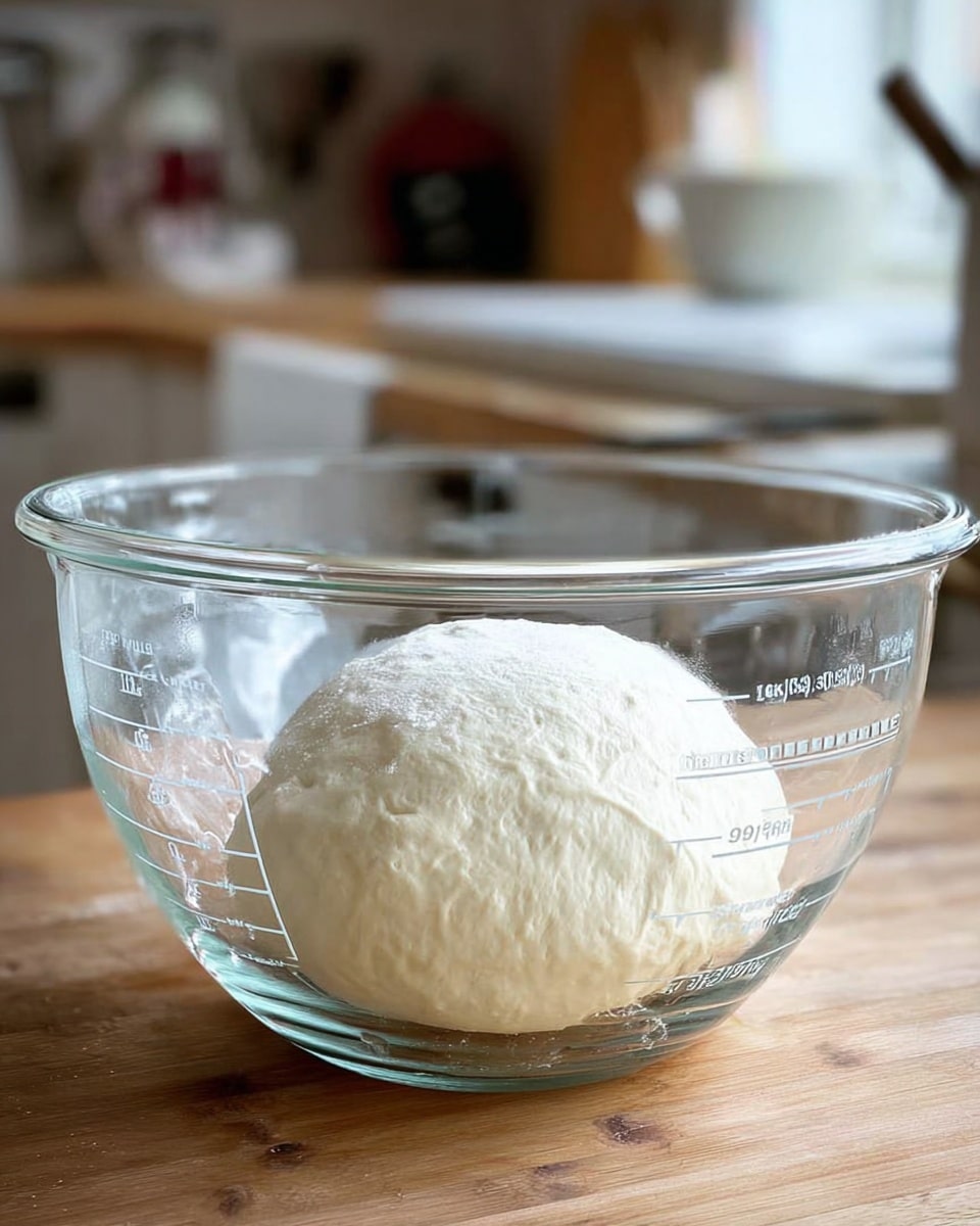 A clear glass mixing bowl with measurement markings contains a smooth, round white dough ball centered at the bottom. The bowl sits on a wooden surface with a soft focus background showing a kitchen setting. The dough has a slightly textured surface and appears soft and well-kneaded. Photo taken with an iphone --ar 4:5 --v 7