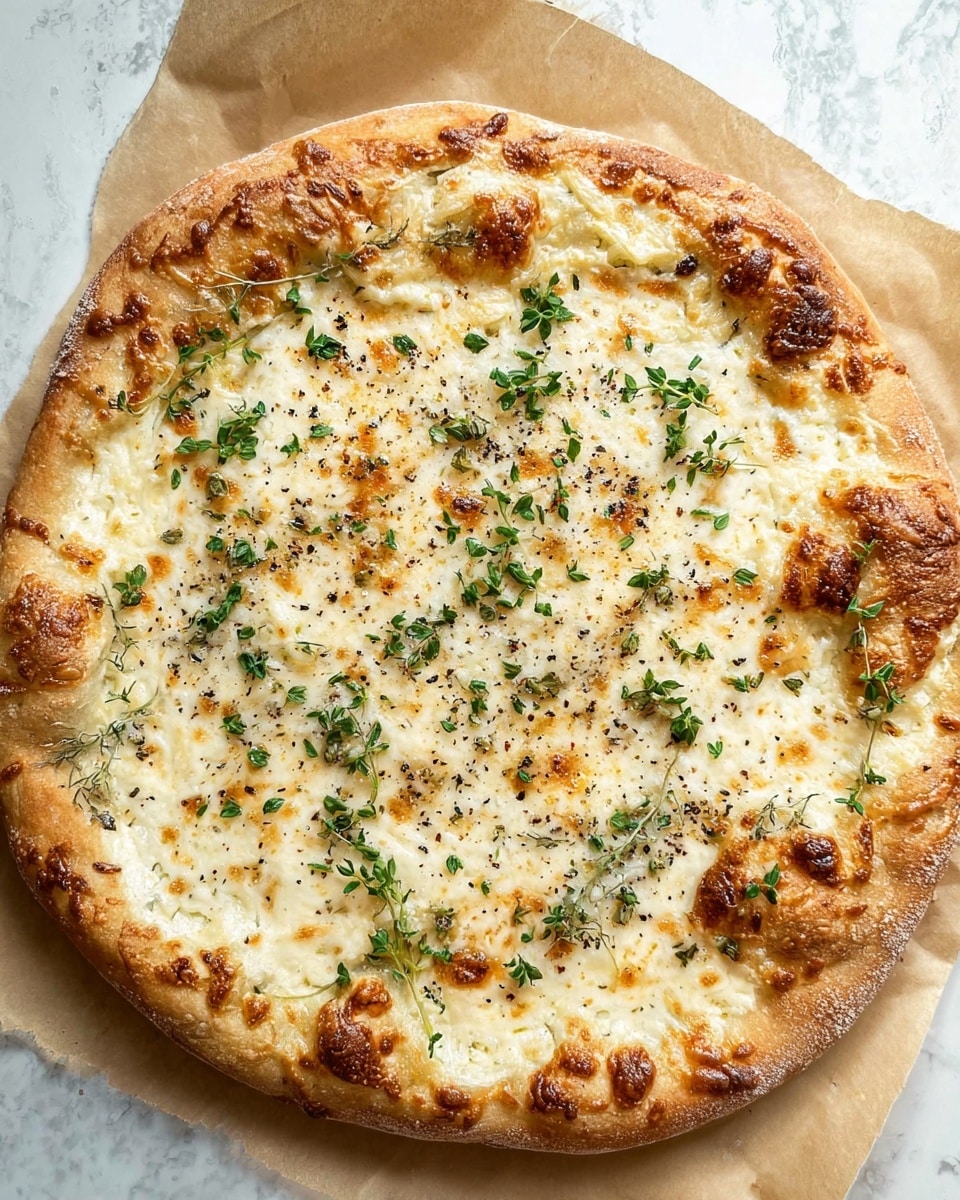 A round pizza with a thick light brown crust topped with a bubbly layer of melted white cheese that has golden brown spots. Scattered unevenly on top are small green herb leaves and a light dusting of black pepper. The pizza rests on parchment paper over a white marbled surface. photo taken with an iphone --ar 4:5 --v 7