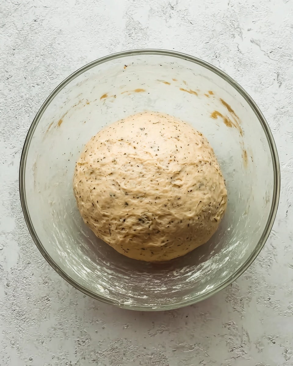 A clear glass bowl contains one round ball of dough with small black specks spread evenly throughout its light beige surface, resting in the center of the bowl. The dough looks soft and slightly moist, with a smooth texture but small air bubbles and slight unevenness on the surface. The inside of the bowl shows faint traces of dough residue, indicating the dough was recently mixed or kneaded. The background is white with a marbled texture. photo taken with an iphone --ar 4:5 --v 7