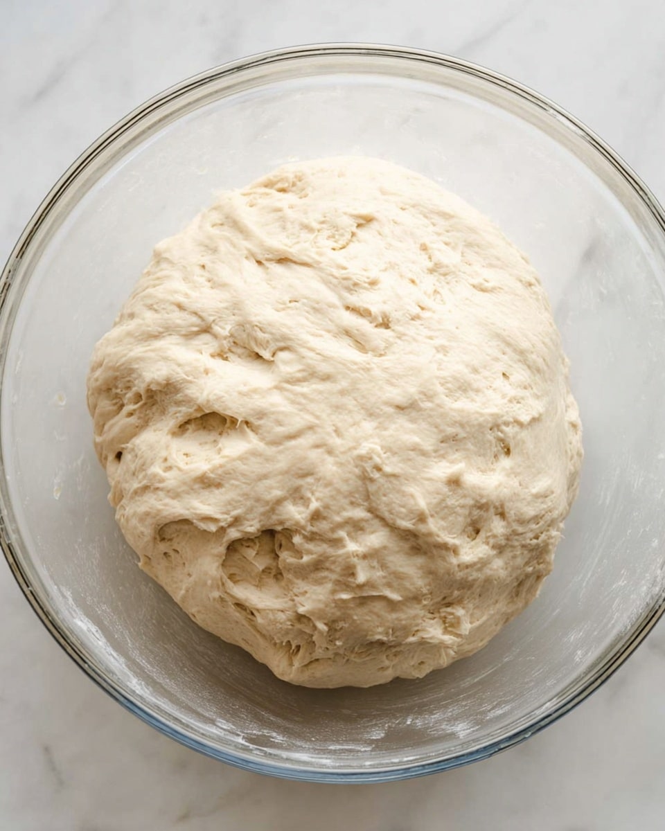 A clear glass bowl holds one large, pale beige dough ball that has risen and fills most of the bowl. The dough has a slightly uneven and soft texture, with small air pockets and a few slight indentations on its surface. The bowl is placed on a white marbled surface, creating a clean and simple background. photo taken with an iphone --ar 4:5 --v 7