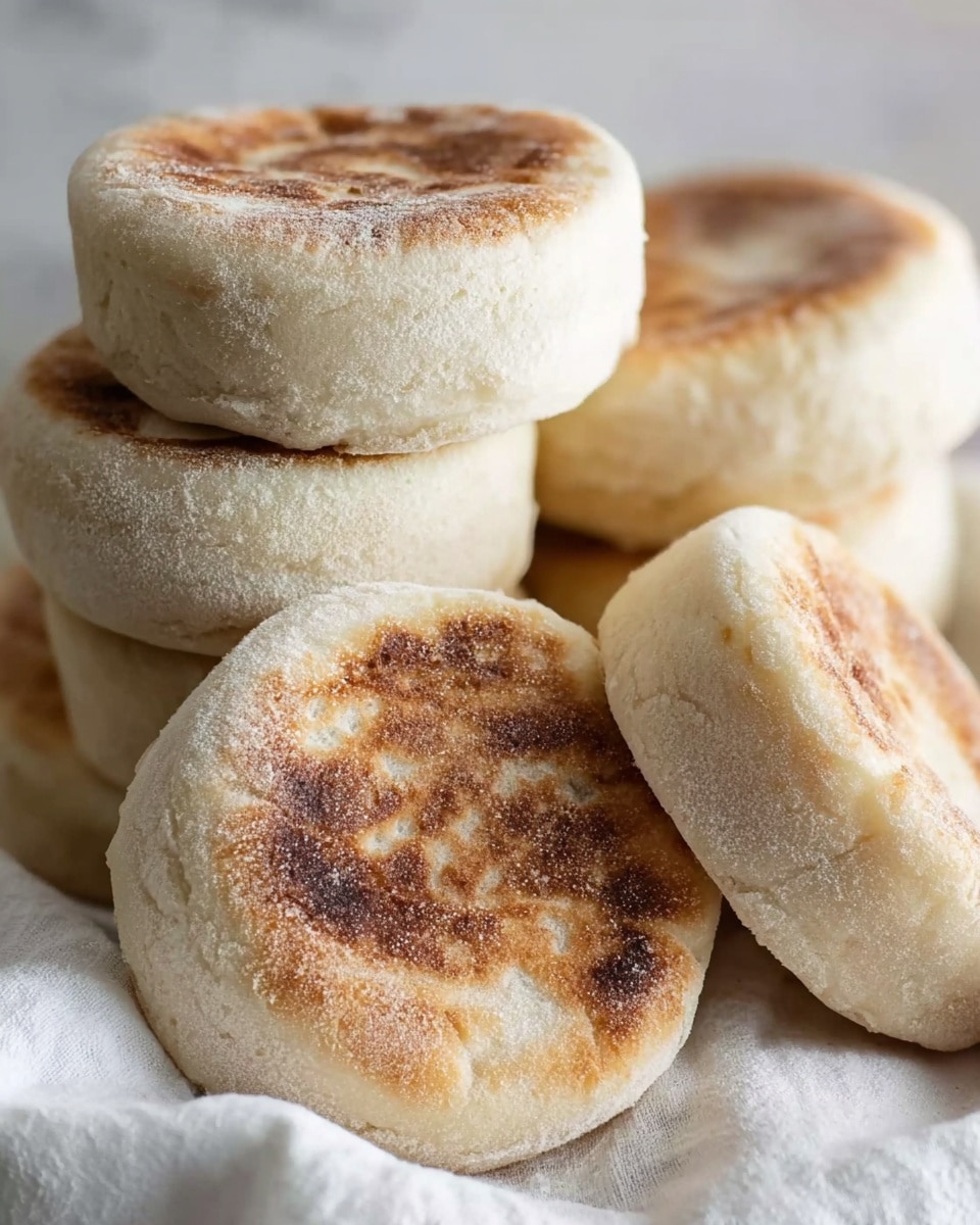 A group of thick English muffins stacked closely together. The muffins have a light beige color with a slightly toasted, golden-brown top and bottom layer that shows a rough, flour-dusted texture. They appear soft and fluffy on the sides with a pale, spongy middle layer. The muffins sit on a soft white cloth with a white marbled background softly blurred behind. Photo taken with an iphone --ar 4:5 --v 7