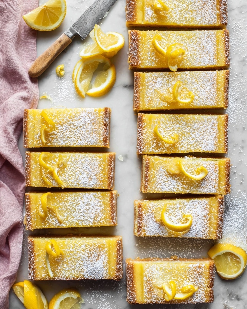 The image shows four lemon bars arranged closely in a row on a white marbled surface dusted with powdered sugar. Each bar has two layers: a thick bottom crust in a golden-brown color with a crumbly texture, and a smooth, bright yellow lemon topping layer on top. Small lemon wedges with bright yellow rind and light yellow flesh are placed between the bars and on the surface, along with tiny bits of lemon zest scattered around. The scene has soft natural light highlighting the dusted powdered sugar and the glossy lemon layer, giving a fresh and inviting look. Photo taken with an iphone --ar 4:5 --v 7