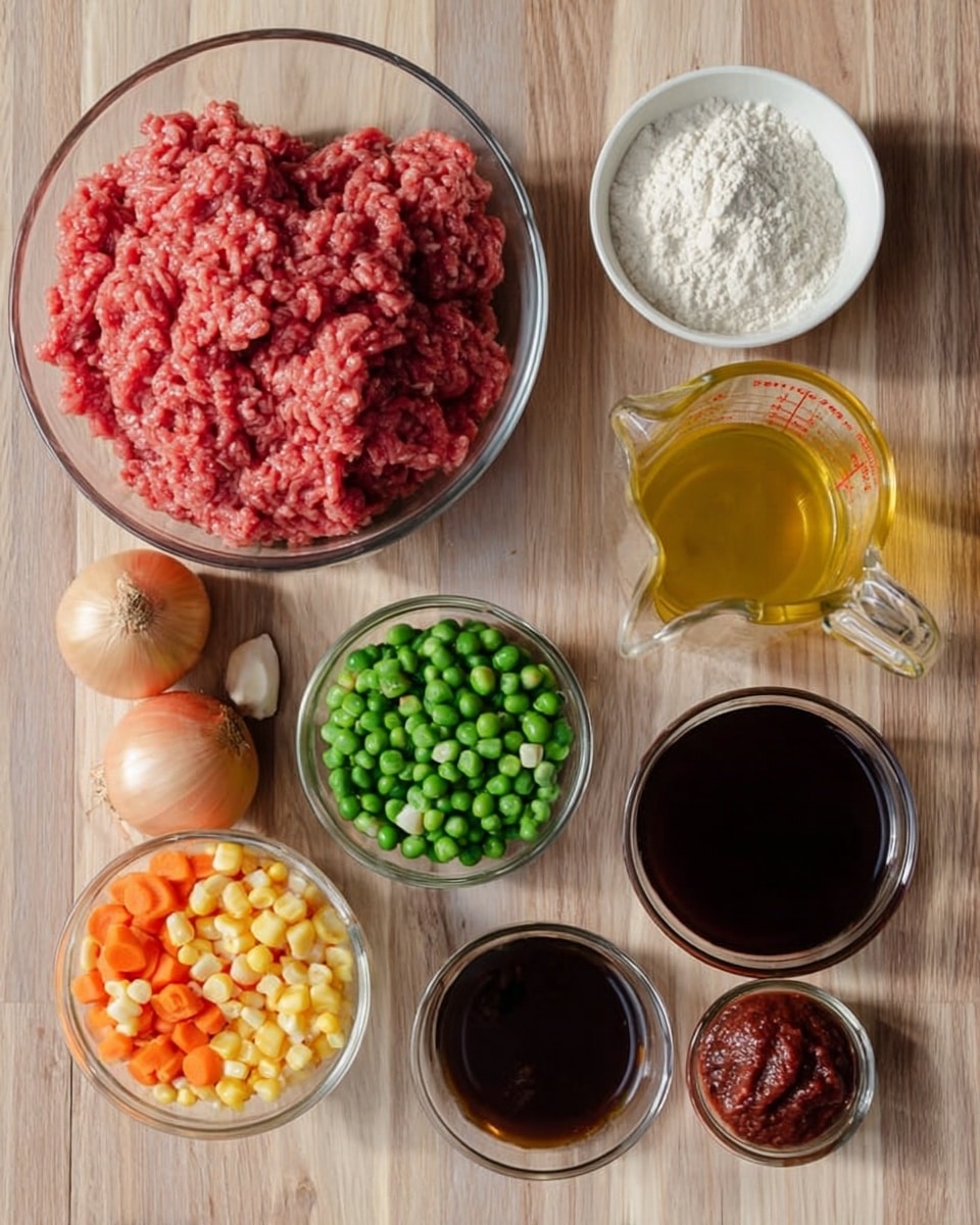 The image shows a top view of several ingredients placed on a light wooden surface. Starting from the top left, there is a clear glass bowl filled with ground meat that is bright red and textured. Next to it, on the right, is a small white bowl with a white powder, likely flour. To the right of that is a glass measuring cup with a golden yellow liquid, probably broth. Below this is a clear bowl with mixed vegetables including peas, small carrot pieces, and corn kernels, all vibrant in green, orange, and yellow colors. Below the ground meat, there are two small onions with light brown skins and a small head of garlic with a white and purple pattern. Toward the center bottom, a clear bowl filled with a deep dark red or brown liquid, likely soy sauce, is placed. To the right of this is a smaller bowl with a darker liquid, possibly vinegar, and next to it is a small clear bowl holding a thick dark red paste, which might be a spicy ingredient. The entire setup is visually clean and organized. Photo taken with an iphone --ar 4:5 --v 7