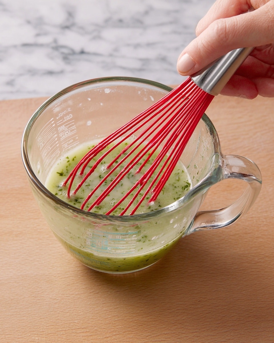 A clear glass measuring cup is held by a woman's hand on the right side while a red silicone whisk with a silver handle stirs a light green mixture with visible small green herbs inside the cup. The measuring cup shows volume markings and the background surface is a white marbled texture. The liquid inside has a slightly oily texture with floating herbs. Photo taken with an iphone --ar 4:5 --v 7