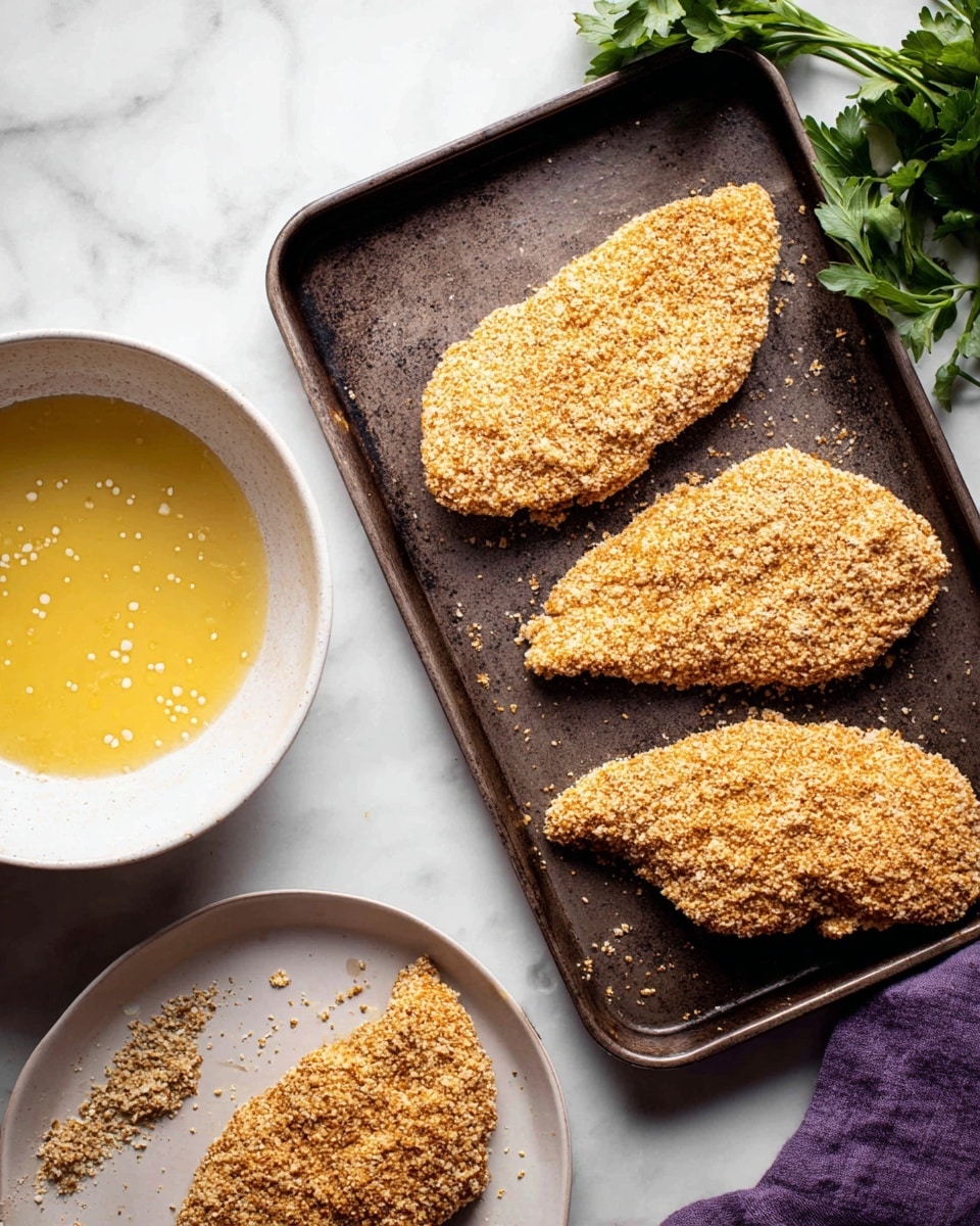 Three pieces of breaded chicken lie on a dark tray, each covered in a coarse, light brown crumb coating with visible oats or crushed grains. To the left, a white bowl holds a yellow egg wash with small bubbles. Below it, a white plate has two additional breaded chicken pieces resting on loose crumbs. The background is a white marbled surface with a sprig of green parsley near the top right corner and a purple cloth partly under the plate. Photo taken with an iphone --ar 4:5 --v 7