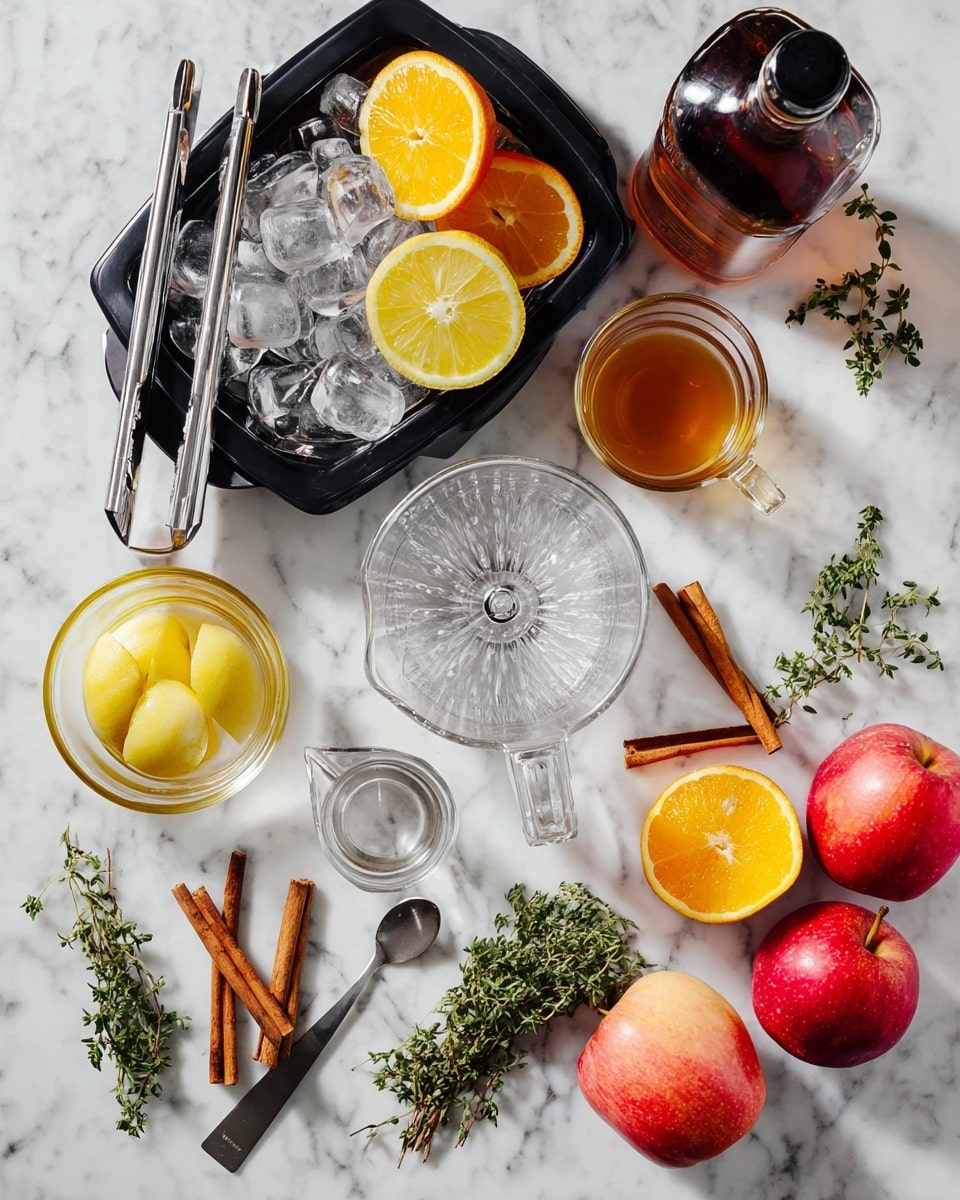 The image shows a white marbled surface with various ingredients spread out for making a drink. There are three red apples with yellow spots on the lower right and half an orange with bright orange flesh placed nearby. A clear glass citrus juicer is in the center, surrounded by two halves of a lemon with bright yellow peel and flesh. Cinnamon sticks and green thyme sprigs are scattered around the surface. On the upper left, a black ice container holds ice cubes and orange and lemon slices, with silver ice tongs resting inside. There is a glass measuring cup with light brown liquid, a small clear cup with a darker brown liquid, a tall bottle with dark liquid, and a long silver spoon with a black handle. Photo taken with an iphone --ar 4:5 --v 7