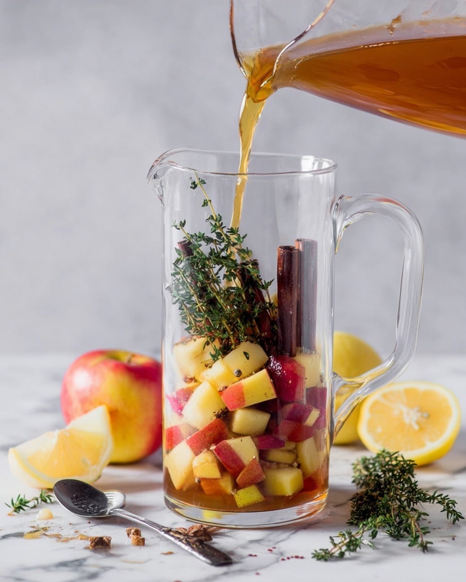 A tall clear glass pitcher holds a mixture starting with small cubes of red and yellow apple pieces at the bottom, filling about one-third of the pitcher. Above the apples, several dark brown cinnamon sticks and fresh green thyme sprigs rest, creating a fragrant layer. A light amber liquid is being poured into the pitcher from above, filling the rest of the space. The pitcher sits on a white marbled surface. Around it are lemon wedges, whole and half apples, cinnamon sticks, and scattered thyme sprigs. A silver spoon with a black handle lies nearby. Photo taken with an iphone --ar 4:5 --v 7