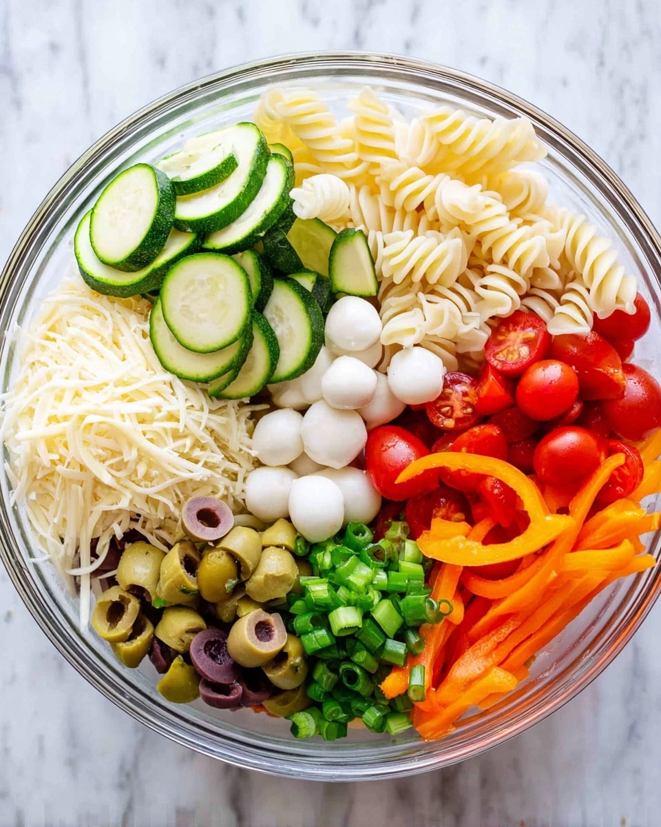 A clear glass bowl on a white marbled surface contains a colorful pasta salad with distinct layers. At the base is a layer of creamy off-white spiral pasta arranged loosely. Around the pasta are separate sections of fresh vegetables and cheese: bright green thinly sliced zucchini rounds stacked in the top left, small white mozzarella balls next to the zucchini, shiny red cherry tomatoes halved below the mozzarella, and shredded pale yellow cheese below the tomatoes. Towards the right side, there are sliced green and black olives mixed together, bright orange bell pepper strips, and finely chopped green onions in a small pile at the bottom right. The composition is neat and shows vibrant contrasting colors in a clear bowl. Photo taken with an iphone --ar 4:5 --v 7