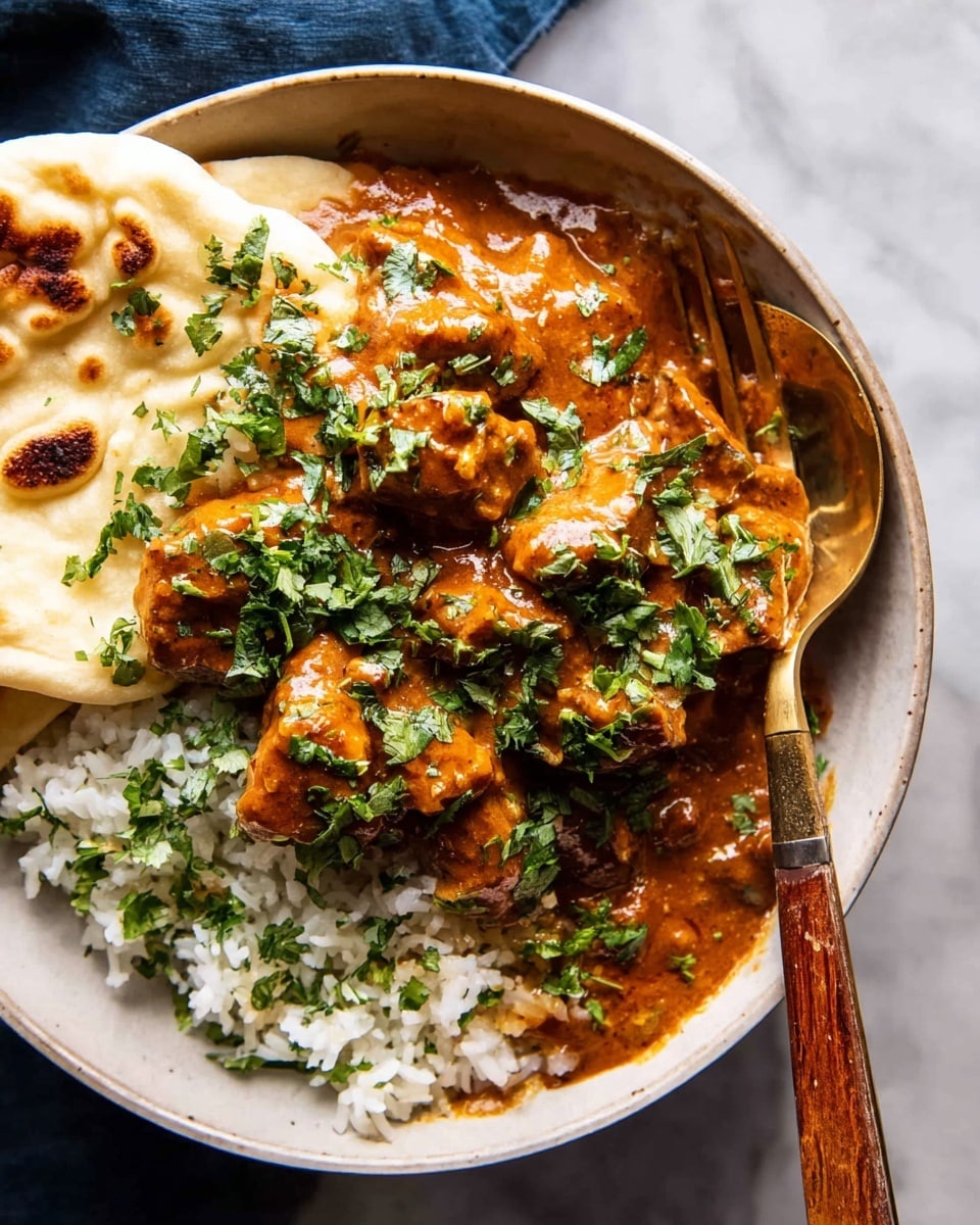 A white bowl filled with three main layers: the bottom layer is soft white flatbread, slightly browned; the middle layer is a mound of fluffy white rice; the top layer has chunks of meat covered in thick orange-brown sauce, garnished with bright green chopped herbs. A vintage gold fork and a wooden-handled knife rest inside the bowl on the right side. The bowl sits on a white marbled surface. Photo taken with an iphone --ar 4:5 --v 7