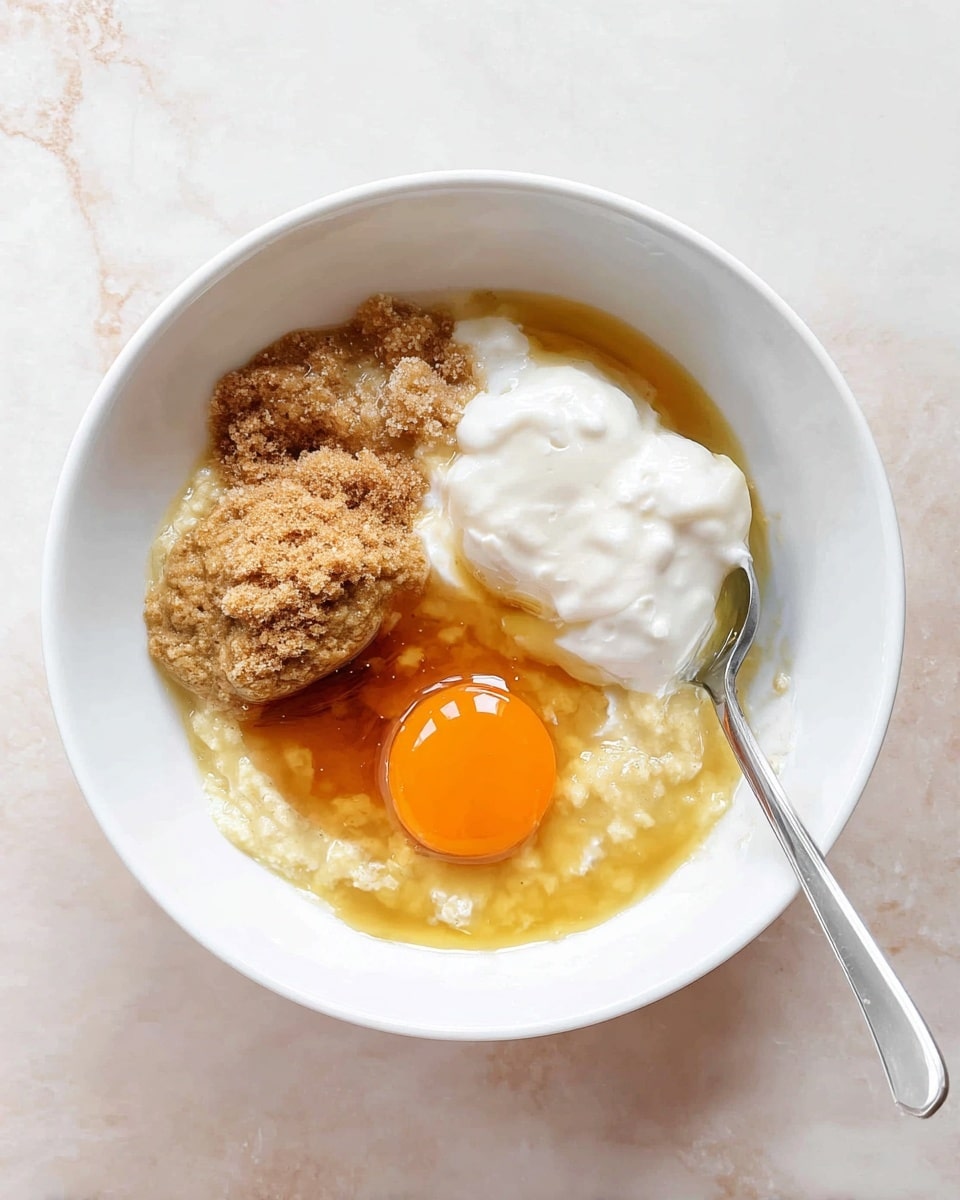 A white bowl on a white marbled surface holds several unmixed ingredients arranged separately inside. There is one raw egg with a bright orange yolk, a dollop of thick white cream or yogurt, a mound of light brown sugar, and a pool of golden syrup or melted butter. The base seems to contain a mashed yellowish mixture, likely mashed banana. A silver spoon is placed inside the bowl on the right side. Photo taken with an iphone --ar 4:5 --v 7