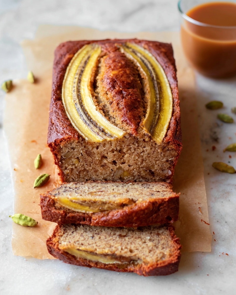 The image shows a loaf of banana bread with two long slices of banana baked into the top, creating a curved, natural pattern with yellow and brown tones. The bread itself is light brown with a dense, moist texture, and the inside reveals small dark specks from mashed bananas. The loaf is sliced into three pieces, with one slice slightly slid forward, showing its soft crumb. The banana bread sits on a piece of light brown parchment paper on a white marbled surface. In the background, there is a clear glass cup with brown liquid, possibly tea or coffee, and a few green cardamom pods scattered near the bread. Photo taken with an iphone --ar 4:5 --v 7