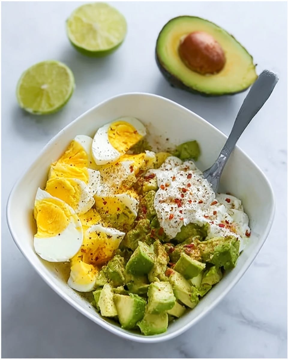 The image shows a white square bowl filled with several layers: at the bottom, there are sliced yellow eggs arranged on one side, next to diced light green avocado pieces, topped with white cream and a sprinkle of different spices including black pepper and red flakes. A gray spoon rests inside the bowl on the right side. Around the bowl, half an avocado with the seed, another half without the seed, and a lime slice sit on a white marbled surface. The colors are fresh greens, bright yellow, white, and specks of red and black on the food. Photo taken with an iphone --ar 4:5 --v 7