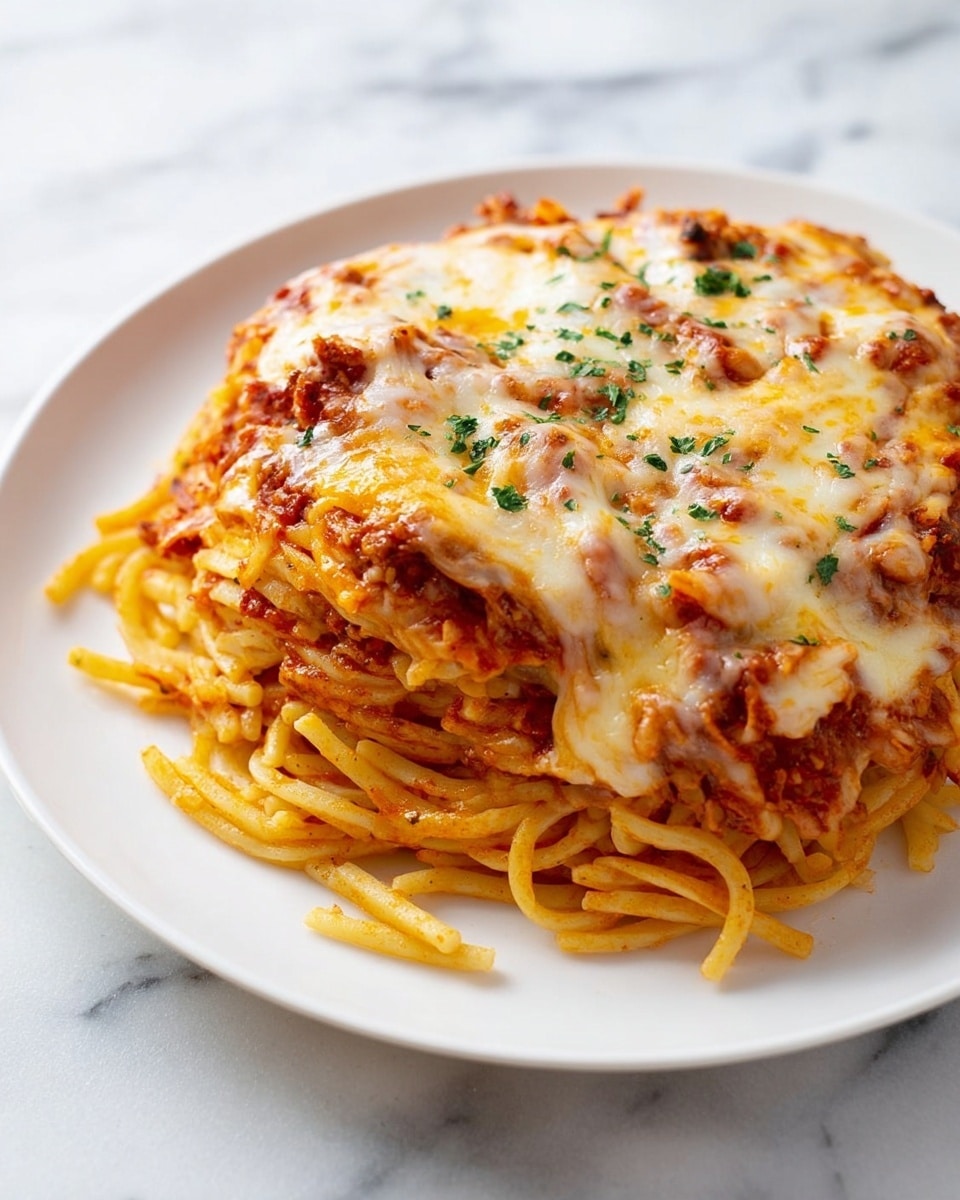 A mound of baked spaghetti layered with a rich red tomato sauce mixed into creamy, melted white cheese covers the top and peeks through the noodles, with hints of browned cheese showing slight crisp edges. The dish is garnished with small green herb pieces scattered lightly on top and around it. The spaghetti noodles underneath are golden yellow and slightly tangled, creating depth and texture. All of this sits on a simple white plate set on a white marbled surface. Photo taken with an iphone --ar 4:5 --v 7