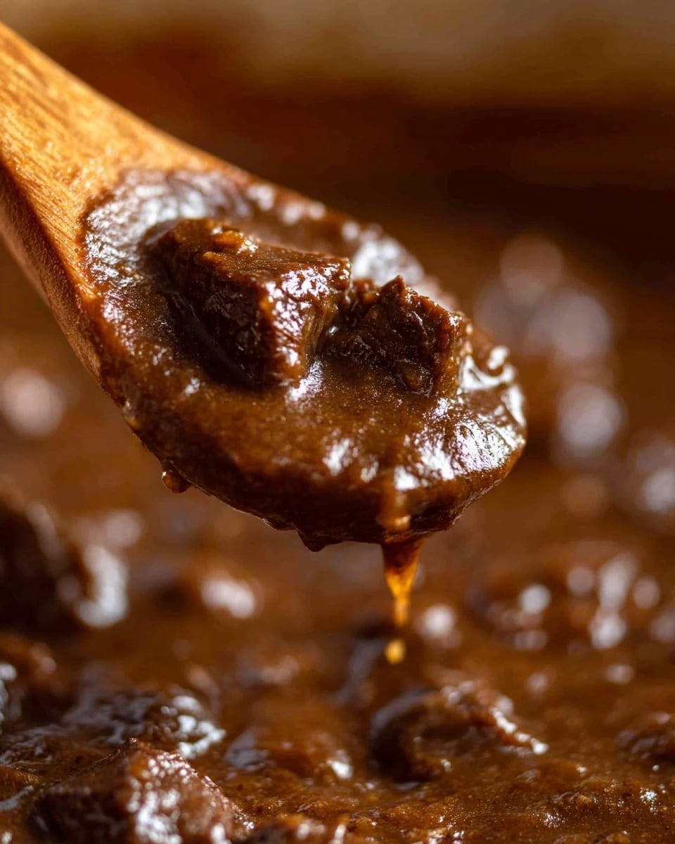 A close-up image shows a wooden spoon holding thick brown stew with pieces of dark brown meat in it. The stew looks rich and shiny, with a bit dripping from the spoon. The background is blurred but filled with the same brown stew texture. The surface under the spoon is a white marbled texture. photo taken with an iphone --ar 4:5 --v 7