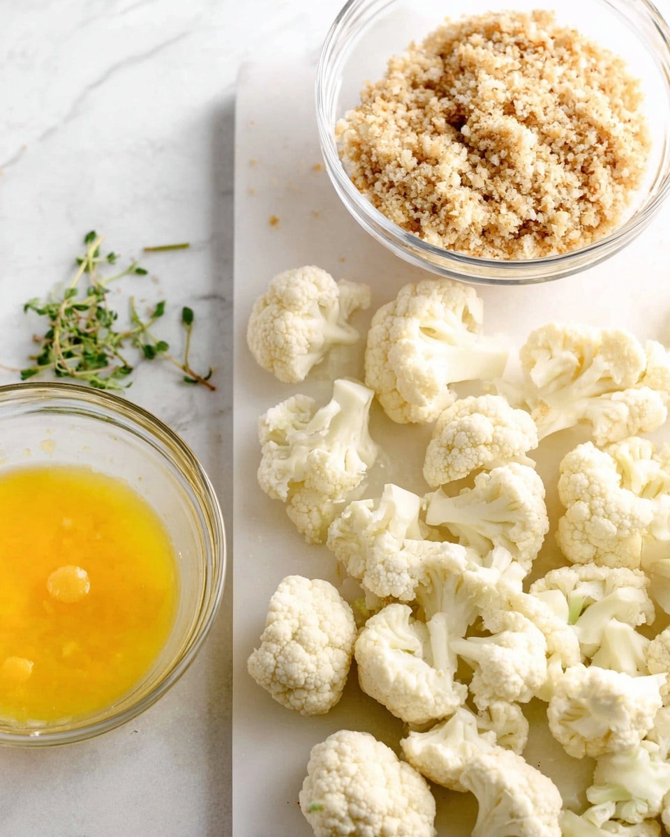 The image shows a white cutting board with many pieces of raw cauliflower florets spread across it, each off-white with a slightly bumpy texture. To the left, there are two clear glass bowls on a white marbled surface; the closer bowl holds a beaten yellow egg mixture, smooth and slightly foamy, while the other bowl contains a crumbly, light brown mixture, likely breadcrumbs, scattered unevenly inside. Small green herb leaves are scattered lightly near the breadcrumb bowl. The scene is clean and bright with a focus on the simple, fresh ingredients. photo taken with an iphone --ar 4:5 --v 7