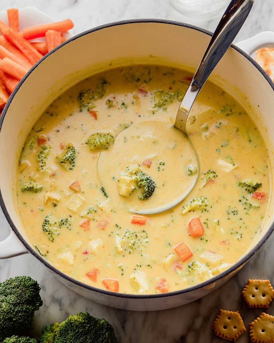 A large white pot filled with creamy, thick soup, showing visible pieces of green broccoli, orange carrot chunks, and small white cubes spread evenly throughout the yellowish soup base. A long silver ladle rests inside the pot, slightly immersed in the soup. Around the pot, there are fresh broccoli florets, some orange carrots, and small hexagon-shaped crackers scattered on a white marbled surface. The soup looks rich with a smooth texture and colorful vegetable pieces giving it a home-cooked feel. photo taken with an iphone --ar 4:5 --v 7
