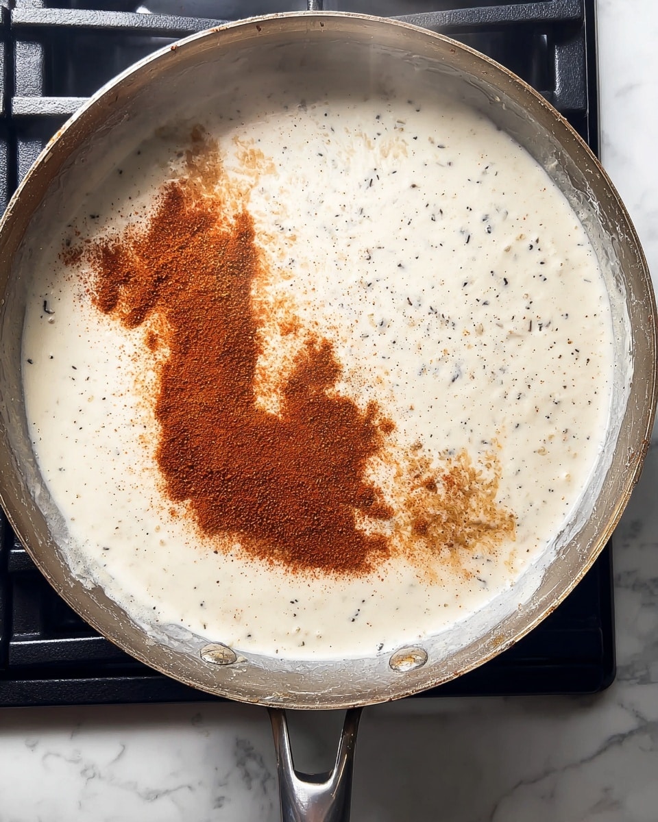 A large silver pan sits on a stove top with creamy white sauce simmering inside. The surface of the sauce is dotted with small black specks, and a bright reddish-brown spice powder is sprinkled over one side in an uneven patch. The sauce looks smooth and thick, with steam rising gently from the pan. The stove grates are black, and the pan's shiny metal handle is partially visible on the right. The background surface is white with a marbled texture photo taken with an iphone --ar 4:5 --v 7