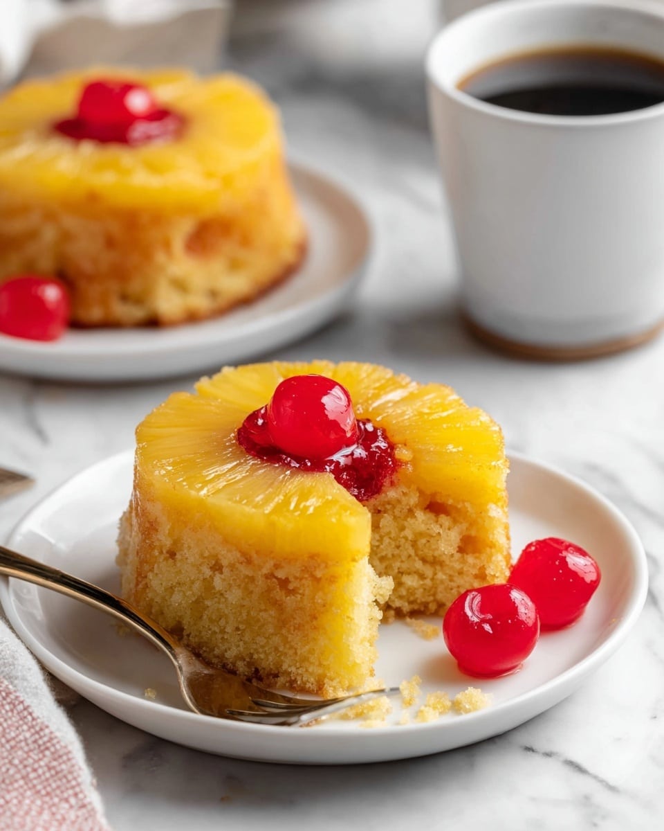The image shows a small pineapple upside-down cake placed on a white plate with a white marbled surface underneath. The cake has two layers: the top layer is decorated with a bright yellow pineapple ring and a shiny red cherry in the center, while the bottom layer is a light, fluffy yellow cake with a soft texture. Part of the cake is taken out with a fork, showing the inside crumb. Next to the cake on the plate, there are two extra red cherries. In the background, another similar cake on a white plate and a white cup with dark liquid, likely coffee, are visible but blurred. Photo taken with an iphone --ar 4:5 --v 7