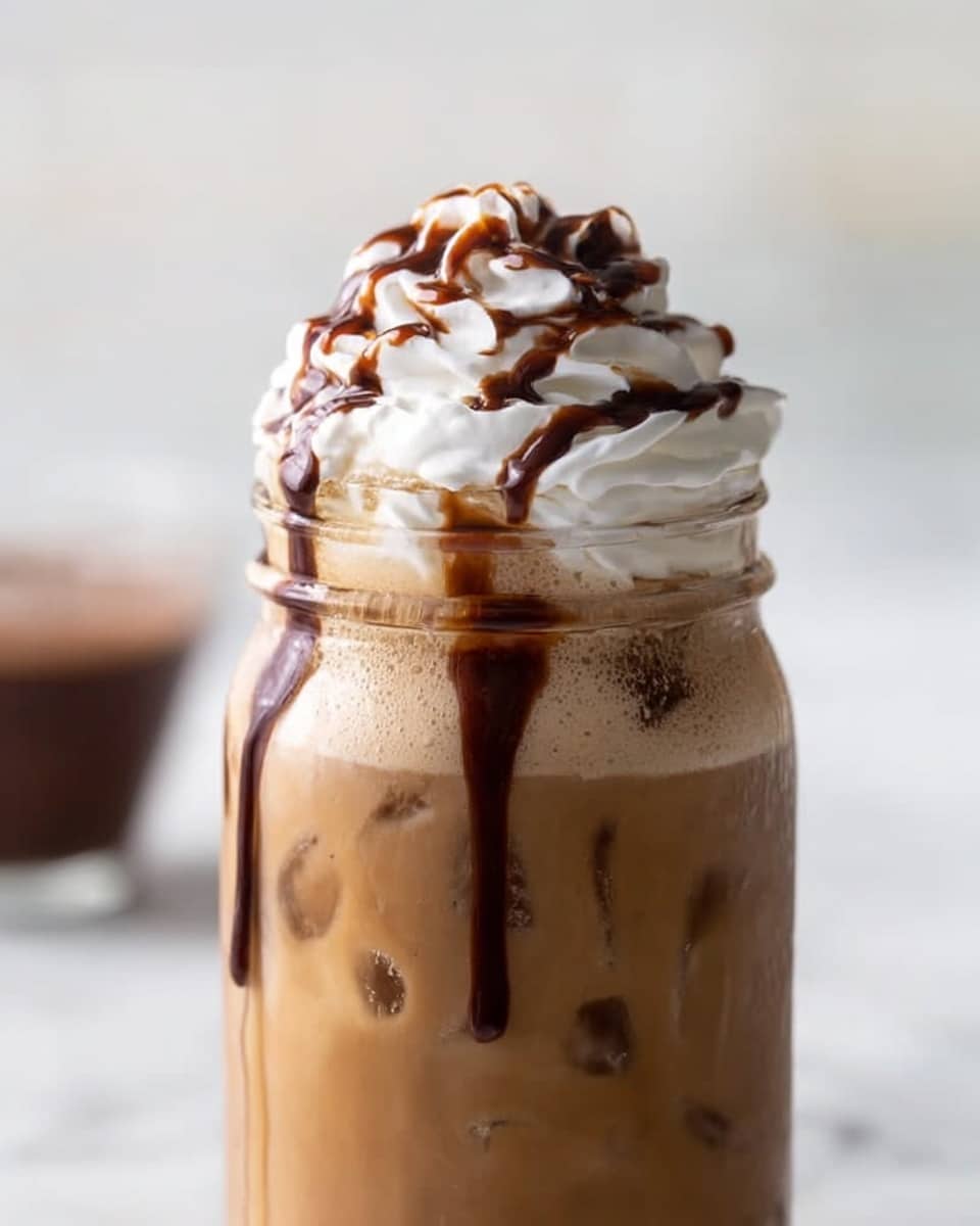 A tall clear glass jar filled with light brown iced coffee, visible ice cubes inside, topped with a thick swirl of white whipped cream, and dark brown chocolate sauce dripping down the sides of the jar. The jar sits on a white marbled surface with a faint blurred background. photo taken with an iphone --ar 4:5 --v 7