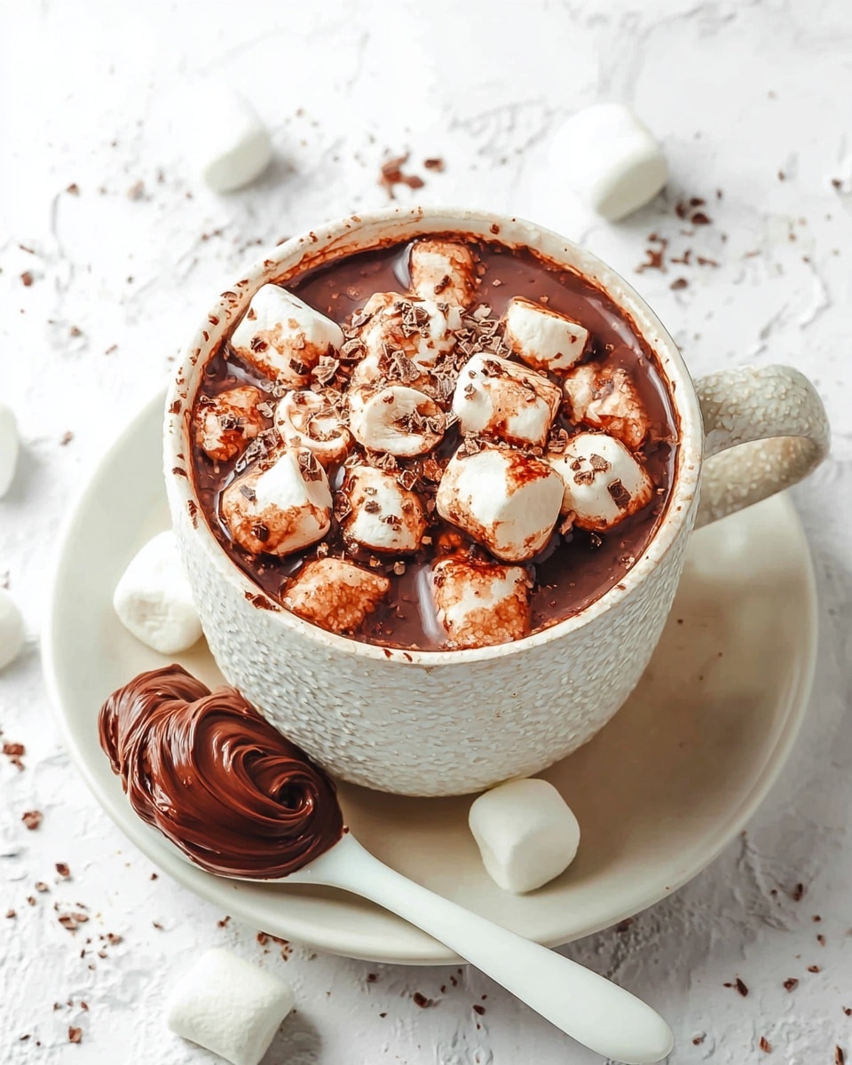 A white textured mug filled with rich, dark hot chocolate topped with many white marshmallows that have light brown toasted spots and bits of chocolate sprinkled on them, sitting in a white plate. A white spoon with a thick swirl of chocolate spread rests on the plate beside the mug, with a few marshmallows scattered around. The background has a white marbled texture with chocolate specks around the scene. Photo taken with an iphone --ar 4:5 --v 7