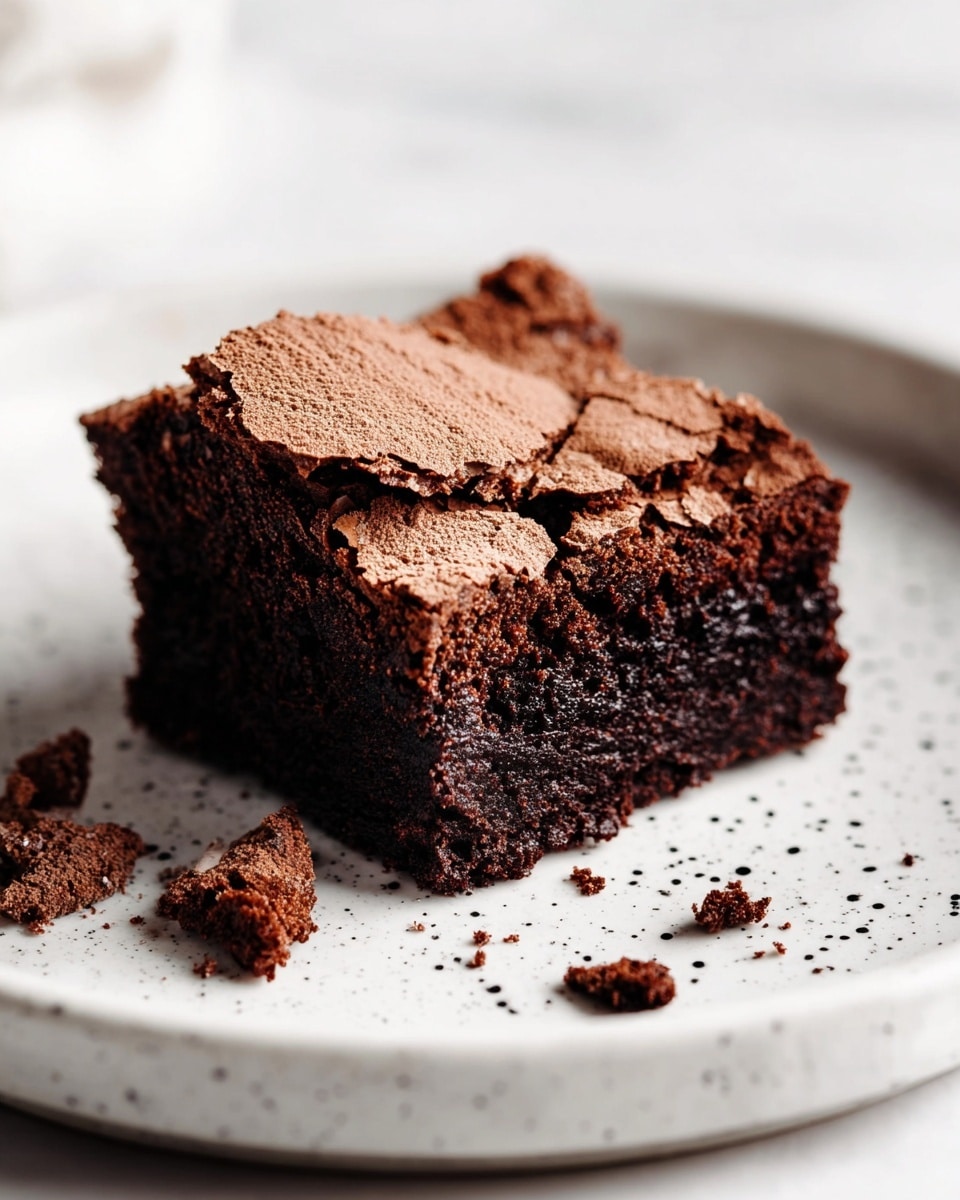 A single piece of chocolate brownie sits on a white plate with black speckles, placed on a white marbled surface. The brownie has two visible layers: the bottom layer is dark, moist, and dense chocolate cake, while the top layer is a cracked, light, crisp chocolate crust that flakes slightly over the edges. Small chocolate crumbs are scattered around the plate. Photo taken with an iphone --ar 4:5 --v 7
