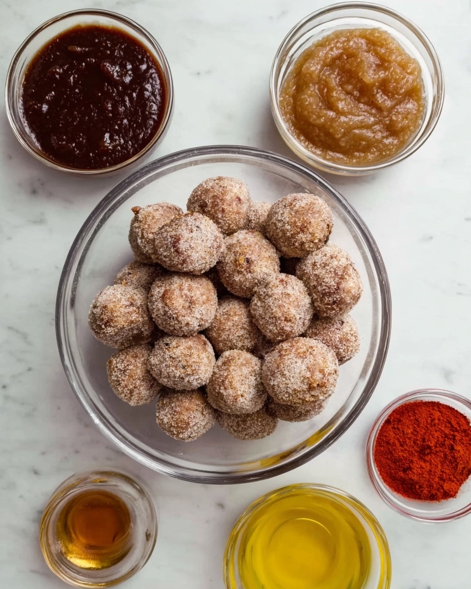 A clear glass bowl filled with small round meatballs that have a light brown crust and some white powder on them, placed on a white marbled surface. Around the meatball bowl, there are four smaller clear glass bowls with different sauces or ingredients: one with a dark brown thick sauce, one with a light brown chunky sauce, one with a golden yellow liquid, and a tiny bowl with a bright red powder. The setup is neat and organized, showing the textures and colors clearly. photo taken with an iphone --ar 4:5 --v 7
