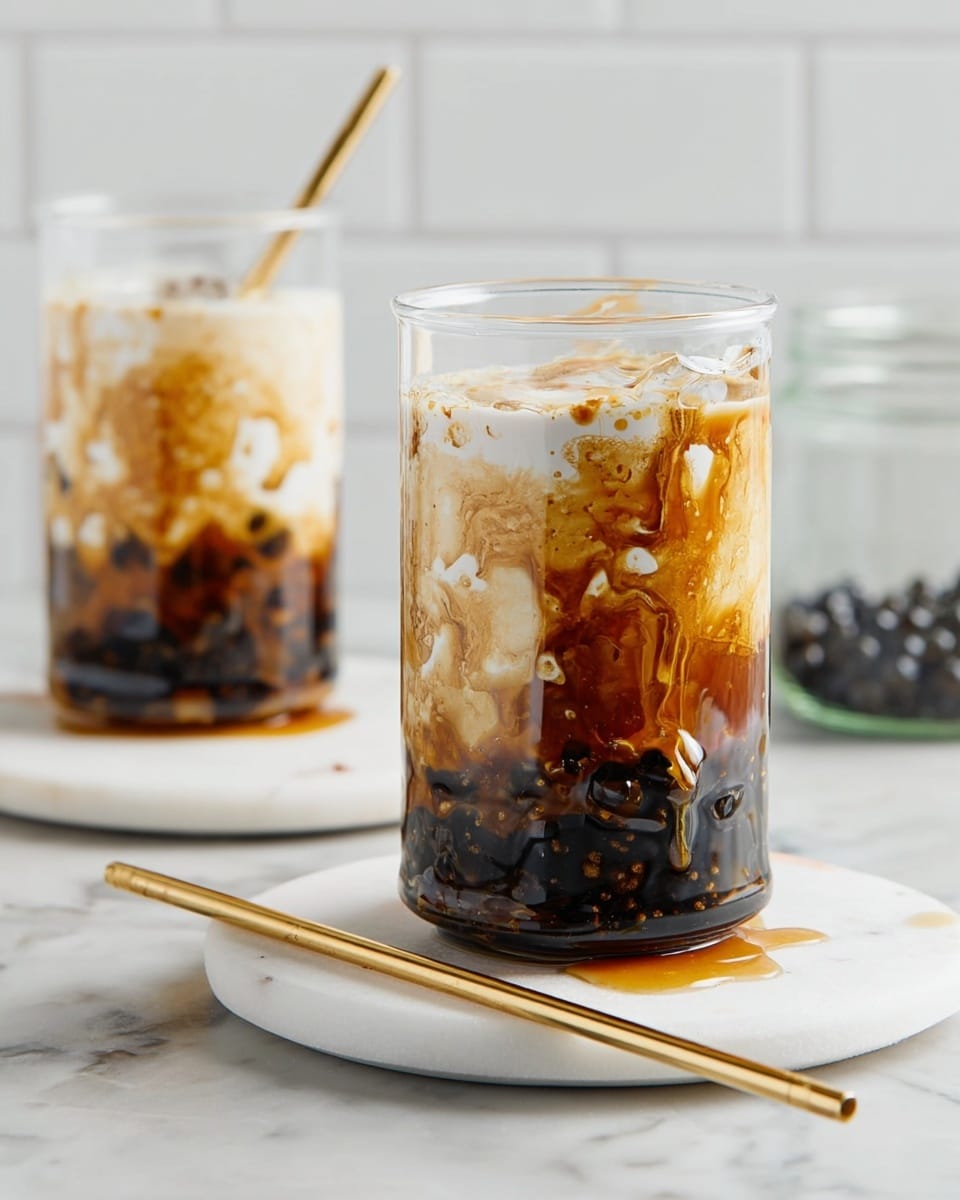 Two clear glasses shaped like cans sit on round white marble coasters on a white marbled surface. Each glass has three visible layers: at the bottom a dark layer of black tapioca pearls in thick syrup, above them smears and drips of a golden brown caramel or syrup cling to the sides, and the top part is clear glass showing the empty space above. Nearby, two golden metal straws lie on the white marbled surface, one closer in front and one farther back. In the blurred background, a jar with more tapioca pearls sits on the same white marbled surface against a white tiled wall. Photo taken with an iphone --ar 4:5 --v 7