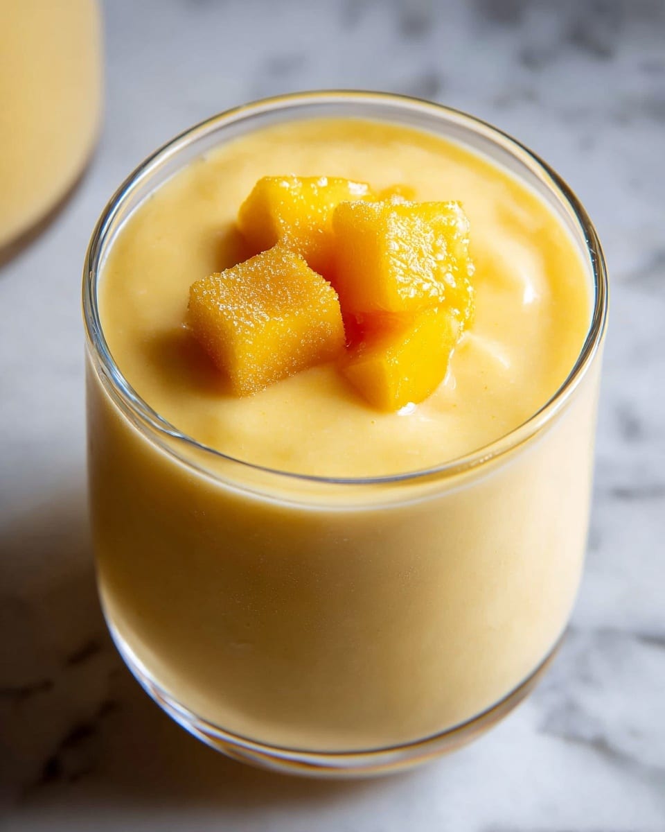 The image shows a clear glass filled with a smooth, thick yellow mango smoothie. On top of the smoothie, two small frozen mango cubes with a slightly frosty texture are placed close together in the center. The glass is placed on a white marbled surface, and the lighting highlights the creamy texture of the smoothie and the icy detail on the mango cubes. Photo taken with an iphone --ar 4:5 --v 7
