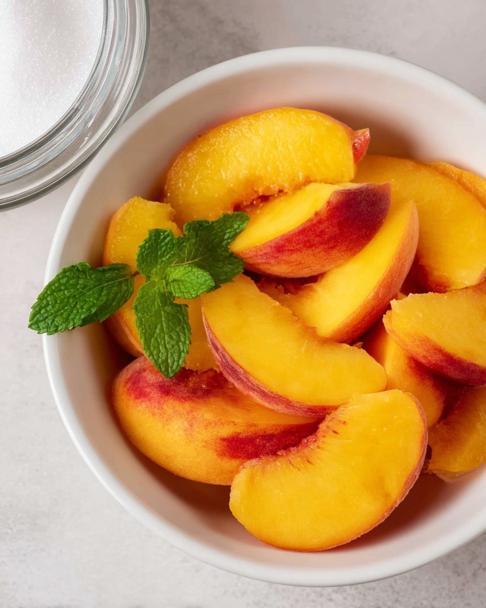 The image shows a white bowl filled with sliced peach pieces arranged loosely inside. The peach slices have a bright orange-yellow color with some red hints near the skin, displaying a smooth and juicy texture. On top of the peach slices, there is a small sprig of fresh mint with bright green leaves, adding contrast to the warm colors of the fruit. Part of a glass container holding white granulated sugar is partially visible near the top left edge of the bowl. The bowl sits on a white marbled texture surface. photo taken with an iphone --ar 4:5 --v 7