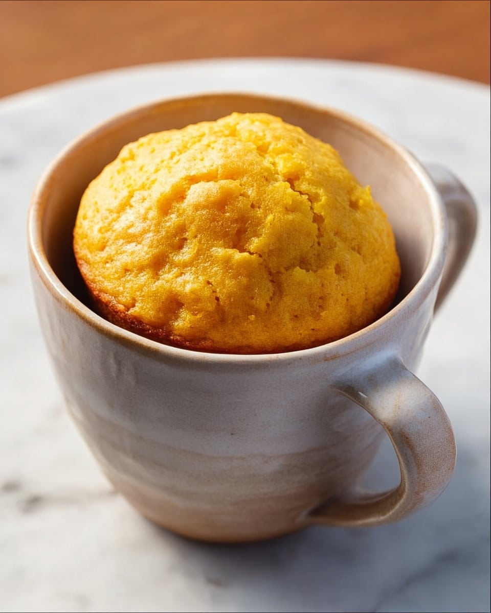 A warm, golden yellow muffin with a soft, slightly bumpy texture sits inside a light gray ceramic mug with an uneven surface and a handle on the right side, placed on a white marbled surface. The muffin rises just above the rim of the mug, showing a dense but airy top. The light shines softly on the muffin and mug, creating gentle shadows and highlights that enhance the texture of both. photo taken with an iphone --ar 4:5 --v 7