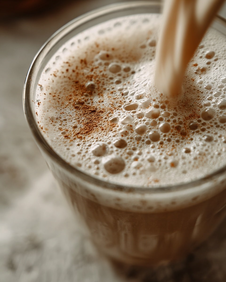 A close-up of a clear glass filled with a creamy beige liquid being poured in, creating thick foam with many small and medium bubbles on the surface. Tiny brown specks, likely cinnamon or spice, are sprinkled lightly and spread over the frothy top. The scene is set on a white marbled texture. photo taken with an iphone --ar 4:5 --v 7