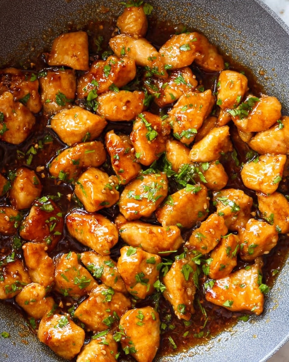 The image shows many small, golden-brown pieces of cooked chicken covered in a shiny, sticky brown sauce inside a gray cooking pan. The chicken pieces are irregular in shape and are sprinkled with bright green chopped herbs, possibly parsley or cilantro. The sauce appears thick and glossy, pooling slightly at the bottom of the pan, giving the chicken a rich, glazed look. The pan has a textured surface, contrasting with the smooth, saucy chicken pieces, and the background is a white marbled texture. photo taken with an iphone --ar 4:5 --v 7