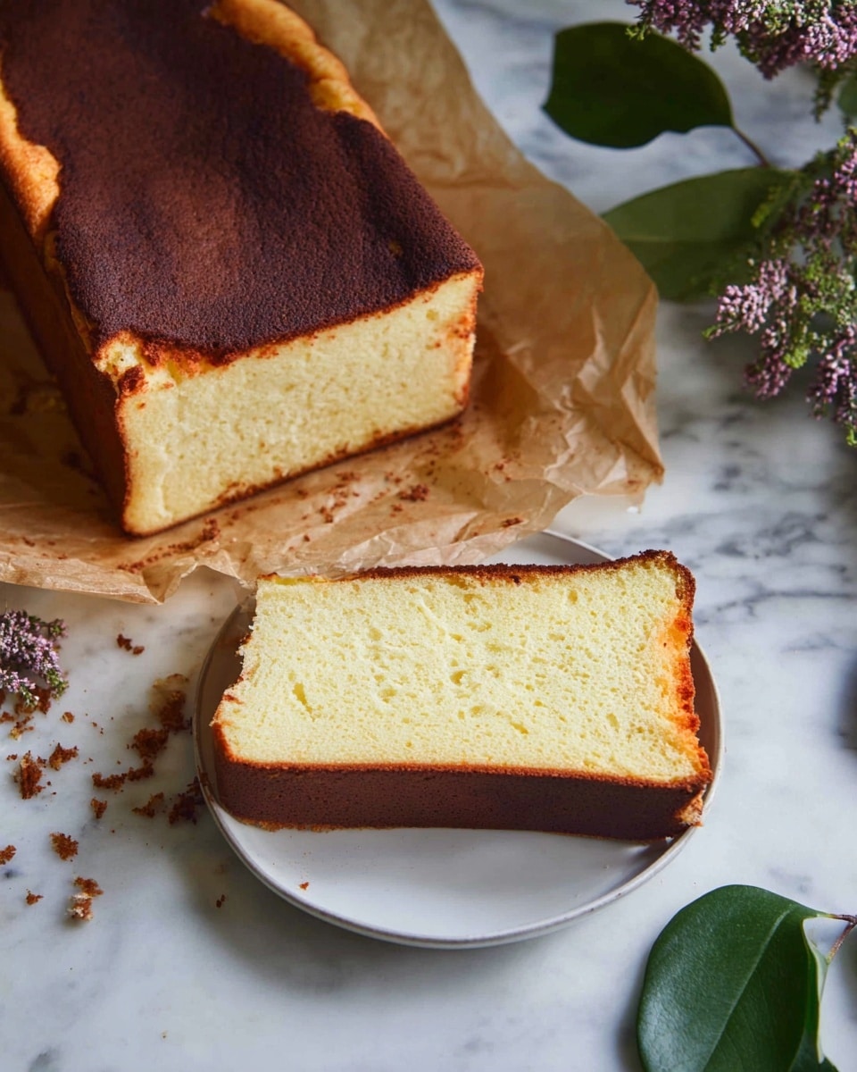 A thick rectangular cake with a dark brown, slightly uneven top layer sits on brown parchment paper, with crumbs scattered around. A single thick slice of this cake is placed in the center of a white plate below the cake. The slice shows three layers: a thin, darker brown outer crust at the top and edges, and a thick, light yellow, soft and fluffy inner layer with a slightly porous texture. The background surface is a white marbled texture, and to the right, there are some green leaves and purple flowers partially visible. Photo taken with an iphone --ar 4:5 --v 7