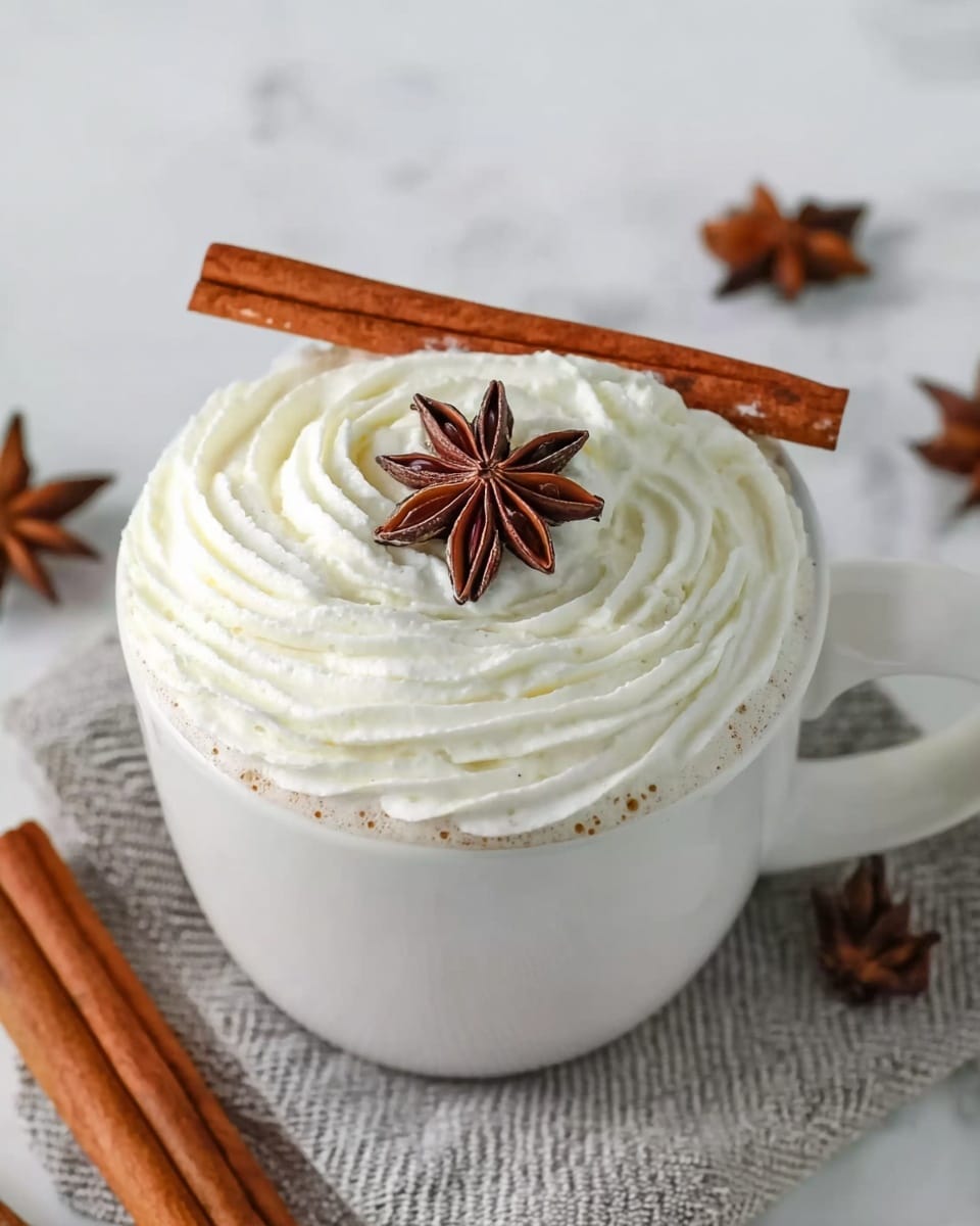 The image shows a white mug filled with a creamy drink topped with a thick, swirled layer of white whipped cream. On top of the whipped cream, there is a single dark brown star anise placed at the center. A long cinnamon stick rests across the rim of the mug. Around the mug on a white marbled surface, there are whole cinnamon sticks and star anise scattered for decoration. Photo taken with an iphone --ar 4:5 --v 7