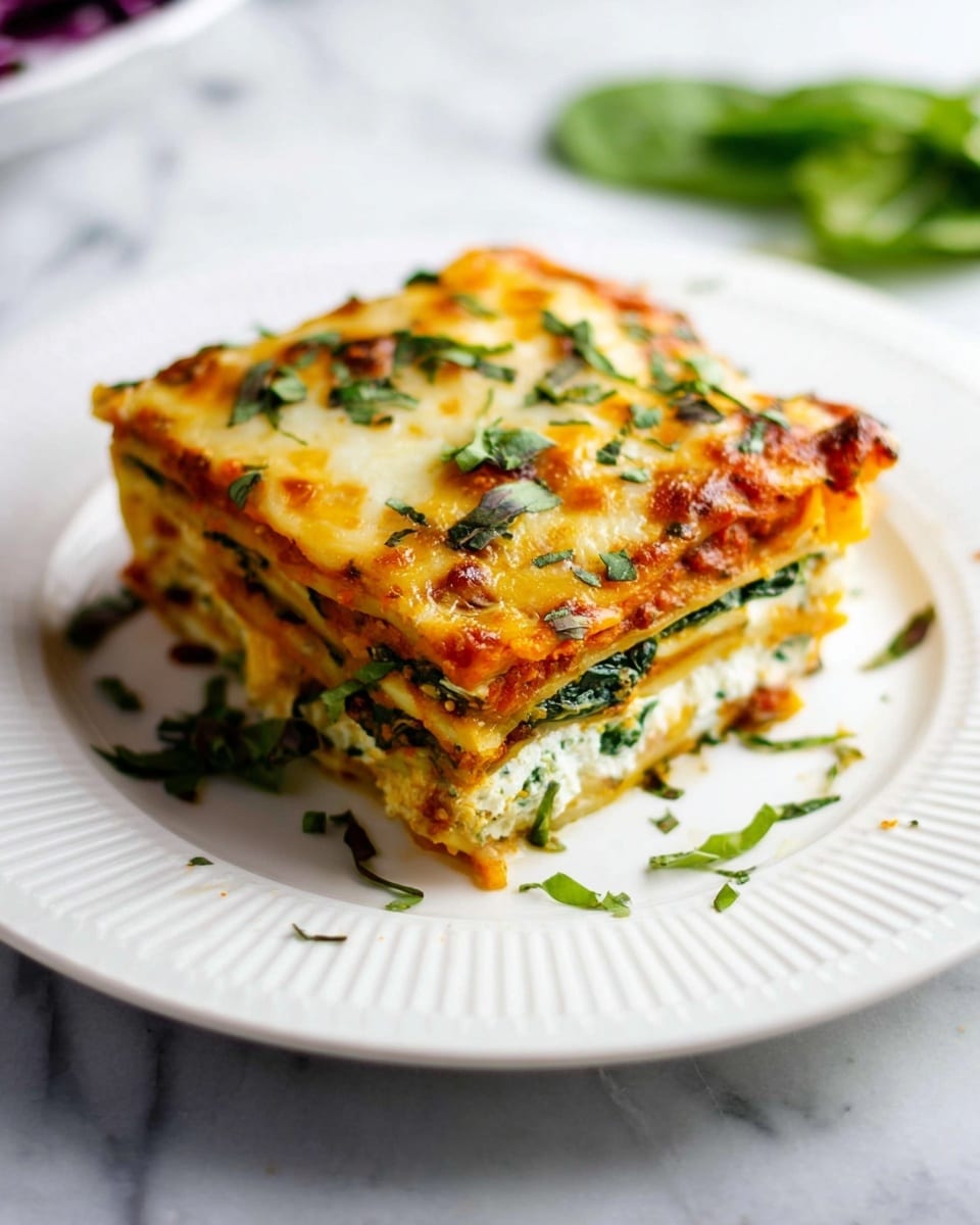 A square piece of lasagna with four visible layers stands on a white plate with ridged edges, placed on a white marbled surface. The bottom layer is pasta, followed by a thick layer of creamy white cheese mixed with green spinach leaves. Above that is a layer of bright orange tomato sauce, topped with melted golden-brown cheese that has small browned spots and is sprinkled with fresh green herbs. Some herb bits also scatter around the plate, adding a fresh touch. The image is lit softly from the side, making the colors and textures look rich and inviting. photo taken with an iphone --ar 4:5 --v 7