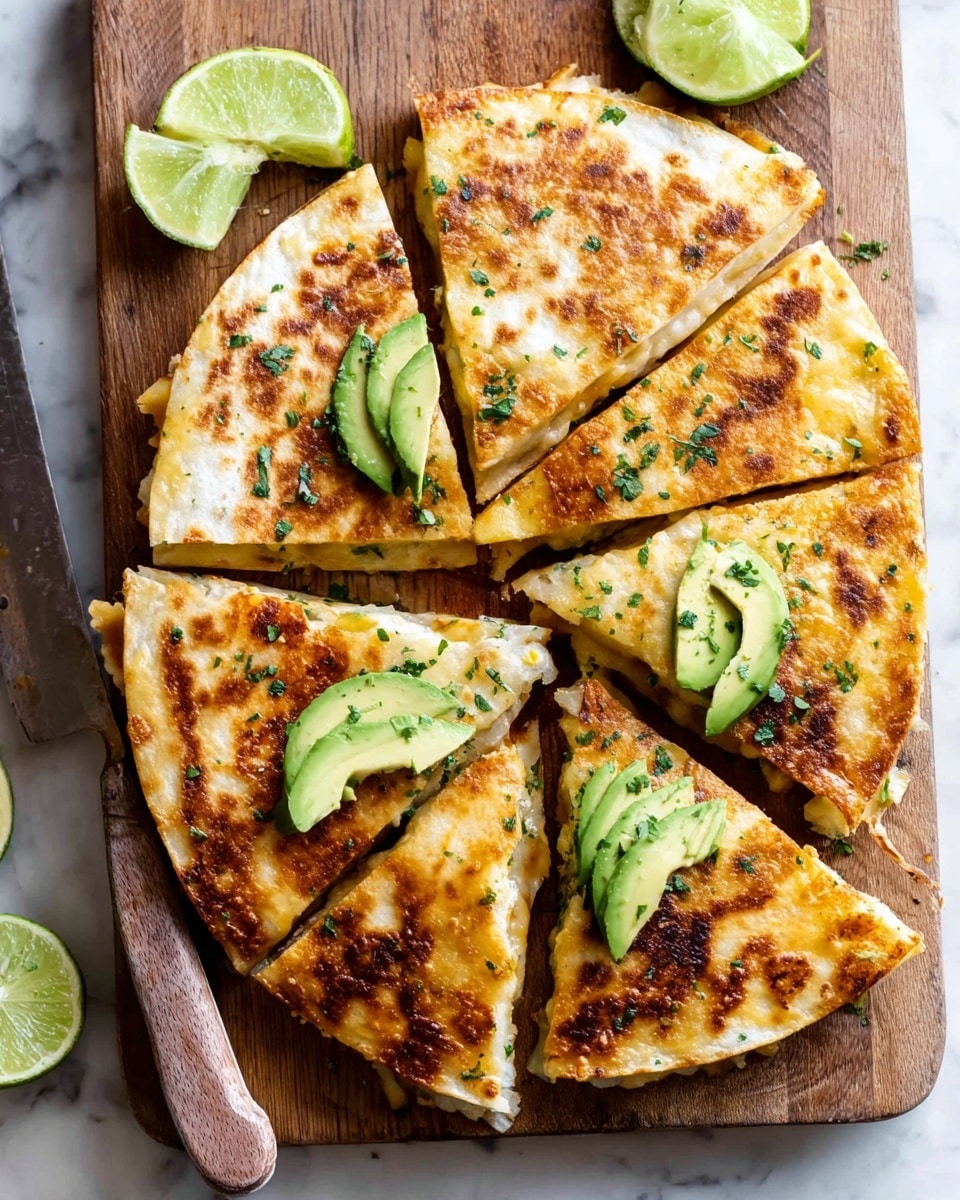 A round quesadilla is sliced into six triangular pieces on a wooden cutting board. Each piece has a golden brown, crispy toasted tortilla layer on top and bottom with a melted cheese layer in between. On top of five slices, there are thin slices of fresh green avocado, each covered with small bits of chopped green herbs. Around the cutting board, there are bright green lime wedges adding fresh color. A knife with a wooden handle lies beside the board, and part of a woman's hand is visible holding a piece of avocado in the corner. The background is a white marbled surface. photo taken with an iphone --ar 4:5 --v 7