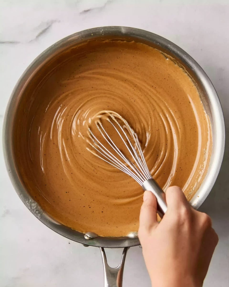 A close-up view of a shiny silver pan filled with thick, smooth, light brown sauce with visible small darker specks. A woman's hand is holding a silver whisk with thin wires, stirring the sauce, creating soft swirls on the surface. The pan rests on a white marbled surface, and some sauce is slightly dripped on the pan’s edge. The light reflects gently on the sauce, showing its creamy texture. photo taken with an iphone --ar 4:5 --v 7