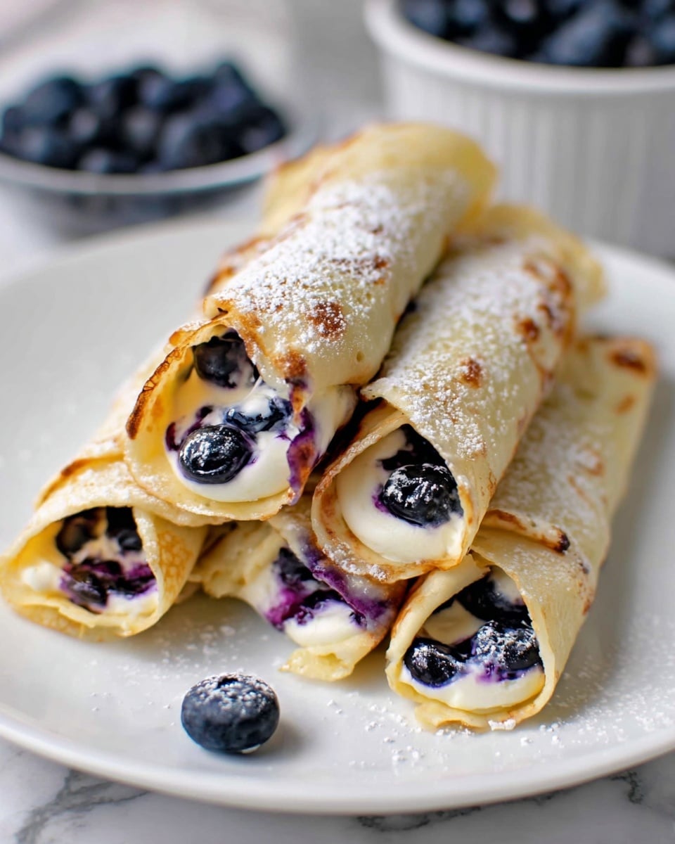 The image shows five rolled crepes stacked on a white plate placed on a white marbled surface. Each crepe is light golden brown with a soft, slightly textured surface and filled with creamy white cheese and whole blueberries inside. The blueberries' dark purple color seeps slightly into the cheese, creating purple spots visible on the crepe edges. A light dusting of powdered sugar is sprinkled over the top of the crepes and the plate, with a single blueberry sitting loose on the plate in front. In the background, a white bowl filled with more blueberries is blurred out. Photo taken with an iphone --ar 4:5 --v 7