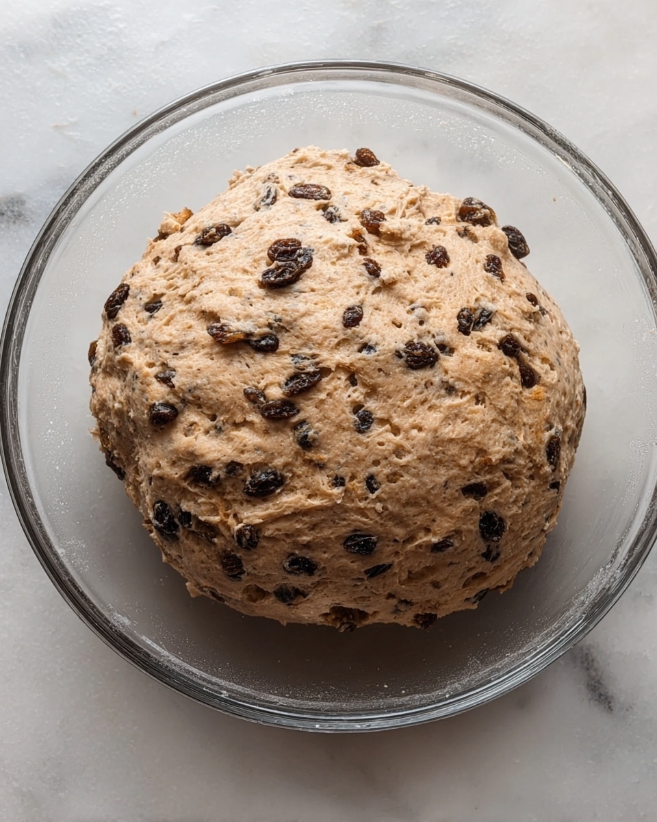 A round dough ball with a rough texture sits in the middle of a clear glass bowl. The dough is light brown with many dark brown raisins spread evenly throughout the surface and inside it. The bowl rests on a white marbled surface. Photo taken with an iphone --ar 4:5 --v 7