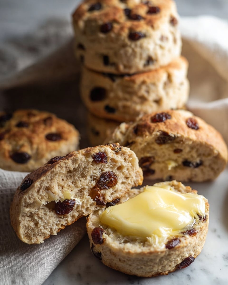 The image shows several round raisin scones with a light brown color and visible raisins spread throughout each scone. Two of the scones are split open, revealing a soft, crumbly texture inside. One of the split scones has a thick layer of melted pale yellow butter spread on top, adding a shiny, smooth contrast against the rough texture of the scone. In the background, more whole scones are stacked upright on a folded light cloth, all set on a white marbled surface. The overall look is warm and inviting, with soft natural light highlighting the texture and butter glossiness. photo taken with an iphone --ar 4:5 --v 7