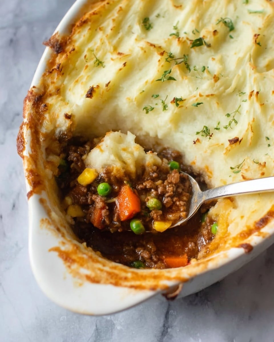 A white oval dish shows a shepherd’s pie with two main layers: the bottom layer is a rich brown meat and vegetable filling with visible peas, orange carrot cubes, and small bits of corn in a thick sauce; the top layer is smooth mashed potatoes, creamy white with a lightly golden edge where it’s baked, marked by a few small green herbs scattered on top. A silver spoon rests in the open part of the dish, lifting some of the filling. The dish sits on a white marbled surface, and the photo is close-up, capturing the textures and colors clearly. Photo taken with an iphone --ar 4:5 --v 7