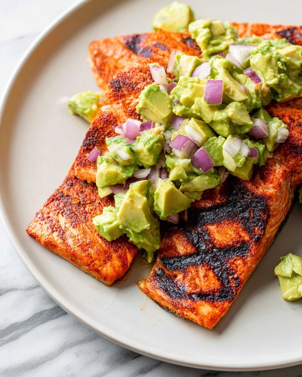 The image shows a white plate with two pieces of grilled salmon placed side by side. The salmon has a reddish-orange color with charred black grill marks on top and some flaky texture visible near the edges. On top of the salmon pieces, there is a chunky green avocado mixture with small cubes of red onion, creating a mix of pale green, cream, and purple colors. The plate is set on a white marbled surface. photo taken with an iphone --ar 4:5 --v 7